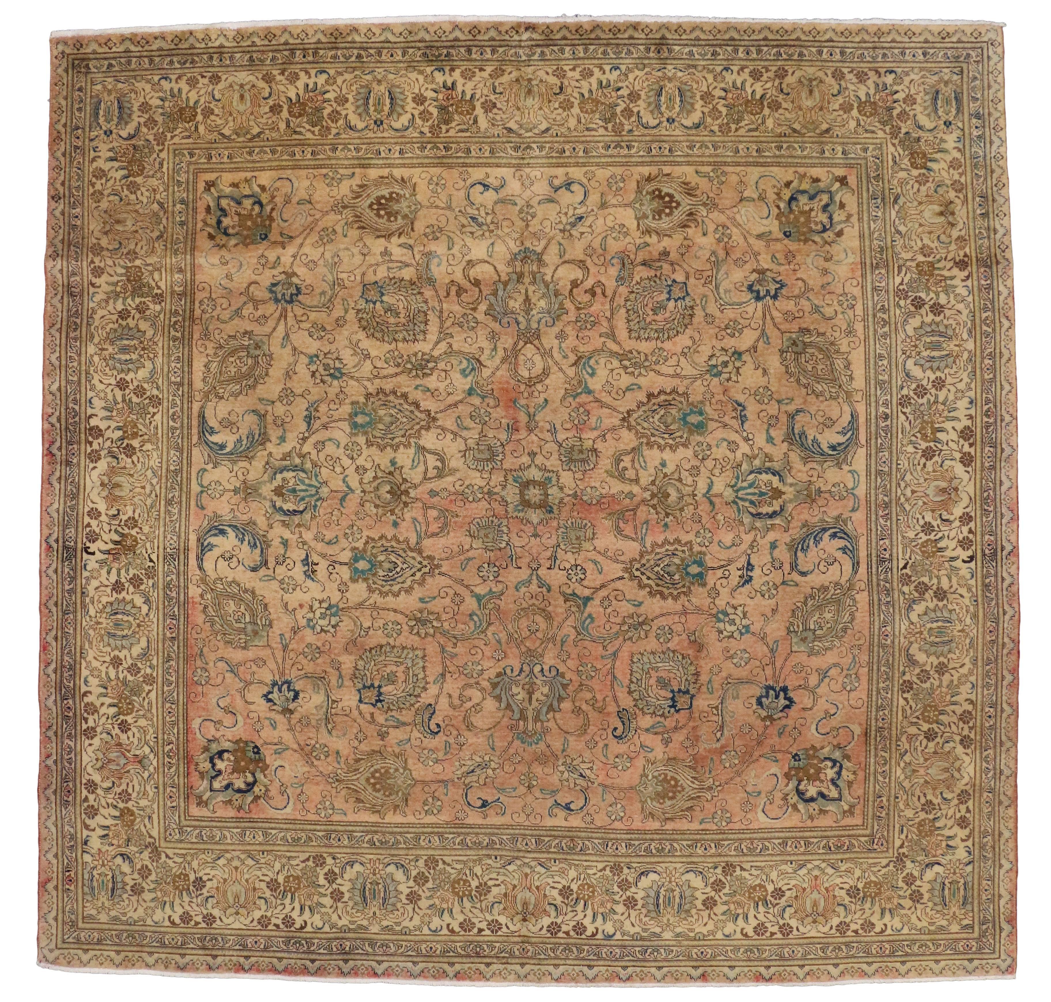 76487, vintage Persian Tabriz rug with traditional style Persian square rug. Embodying the highly decorative aesthetic, this vintage Persian Tabriz rug displays a traditional style. Featuring a tastefully casual presence and sophisticated chic