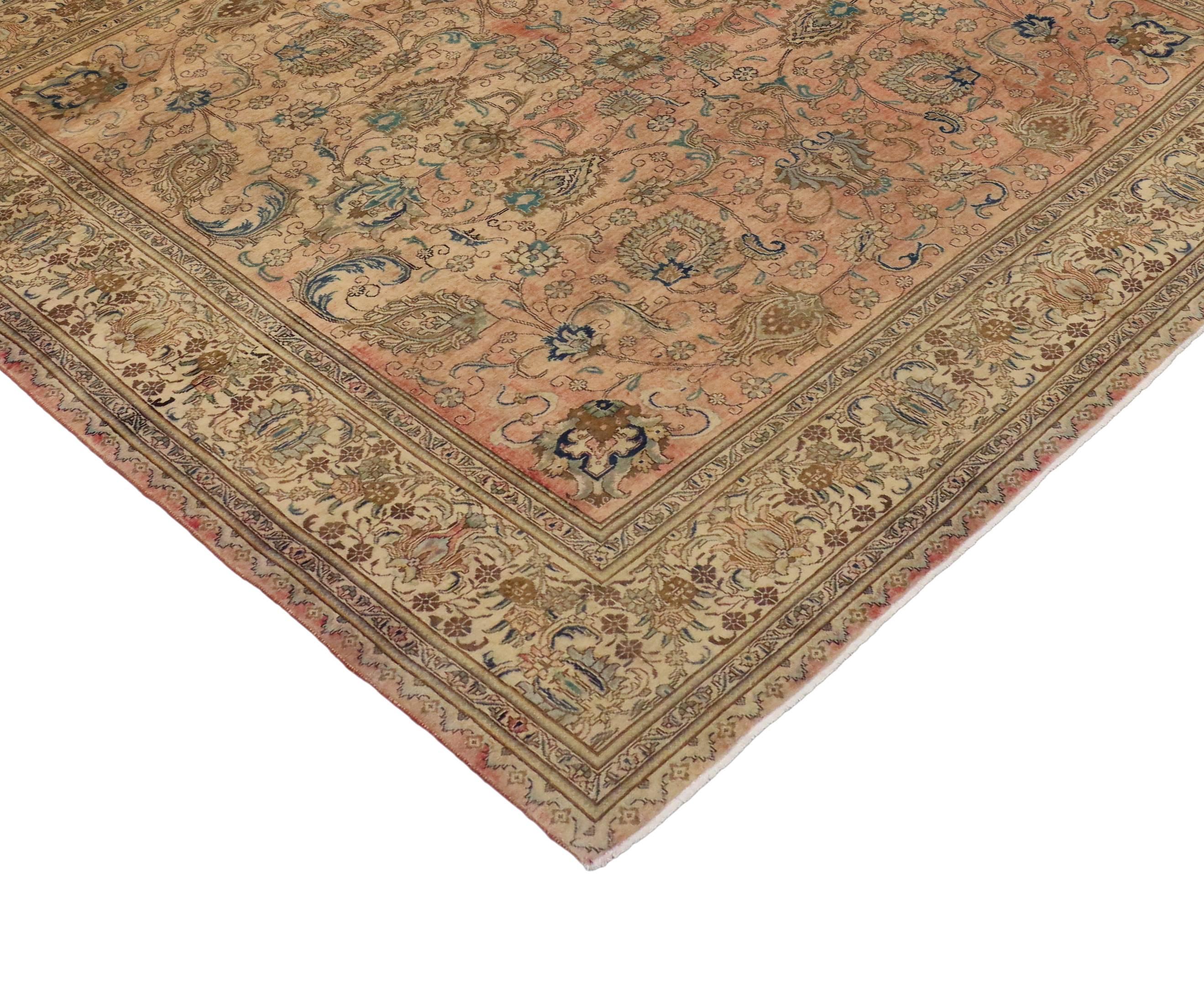 Hand-Knotted Vintage Persian Tabriz Rug with Traditional Style, Persian Square Rug