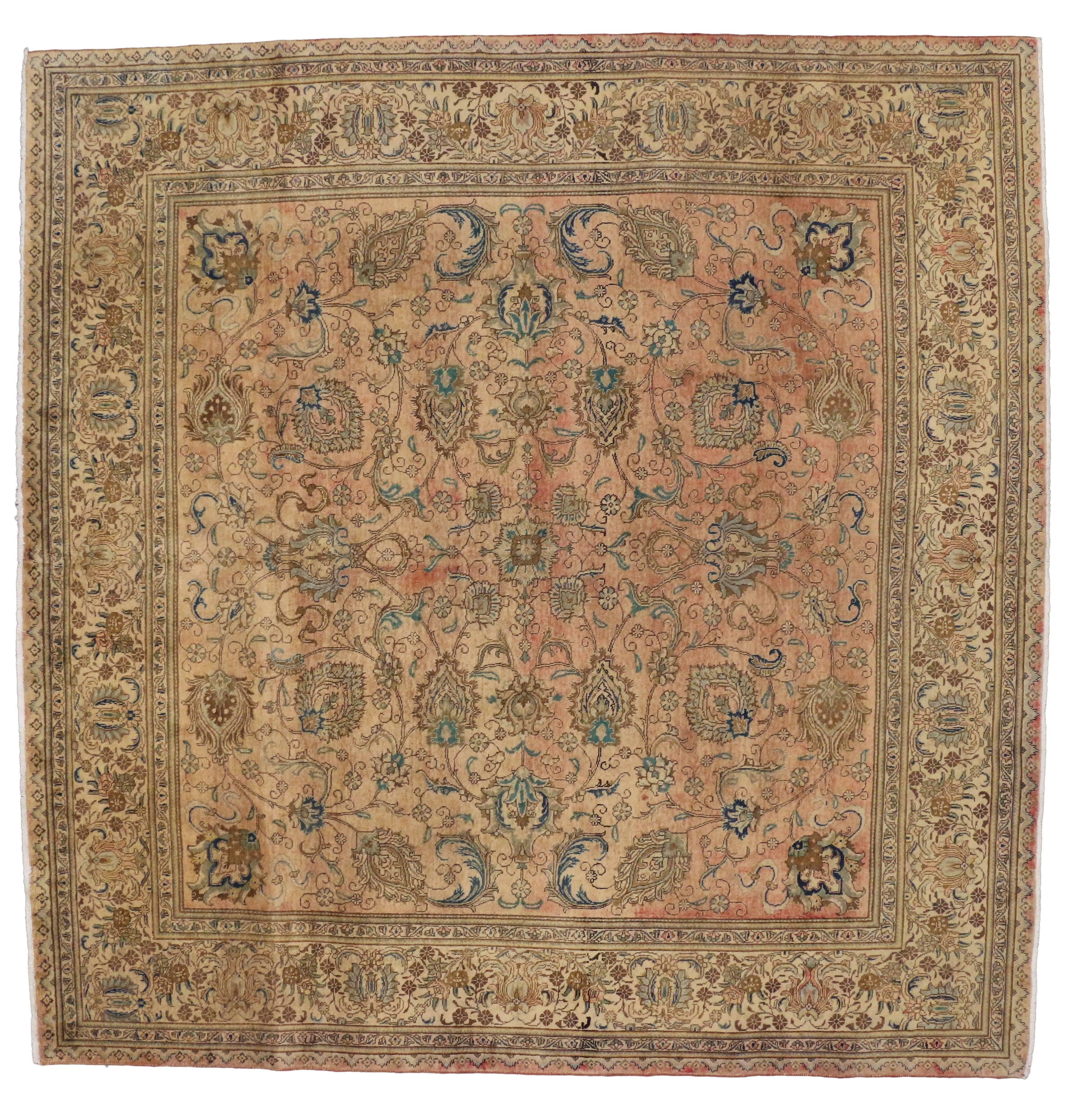 20th Century Vintage Persian Tabriz Rug with Traditional Style, Persian Square Rug