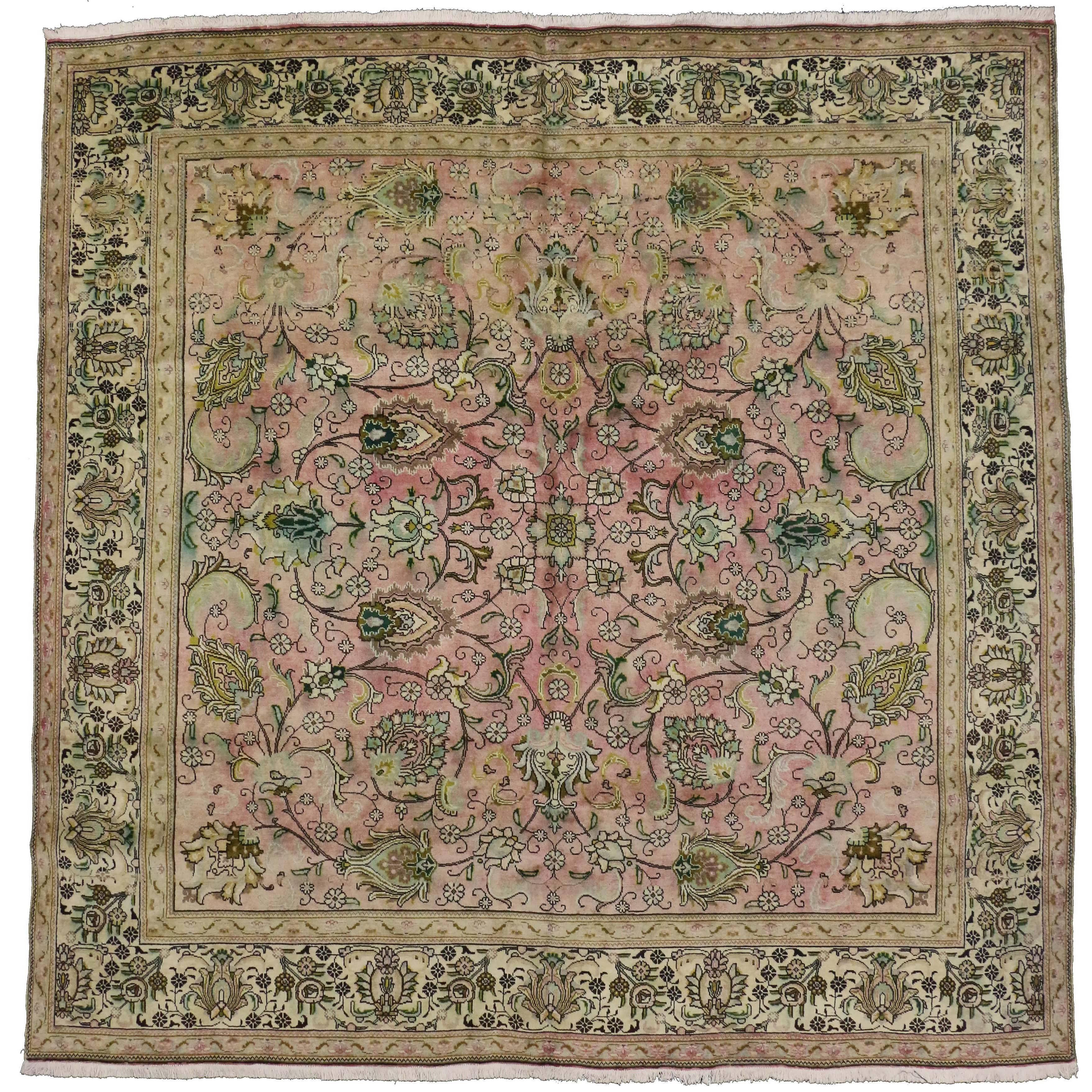Vintage Persian Tabriz Square Area Rug with French Provincial Georgian Style