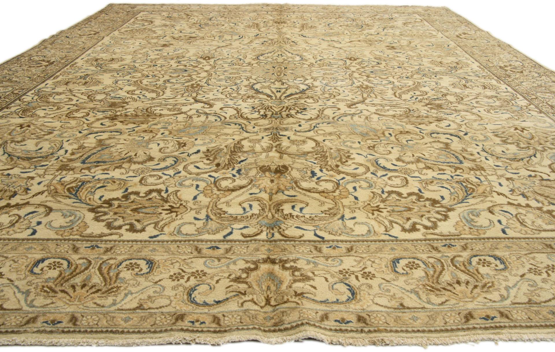 76357, vintage Persian Tabriz rug with Victorian style and light colors. A juxtaposition of the modern and traditional, this hand knotted wool vintage Persian Tabriz rug with Victorian style features an all-over floral pattern. As if rendered in