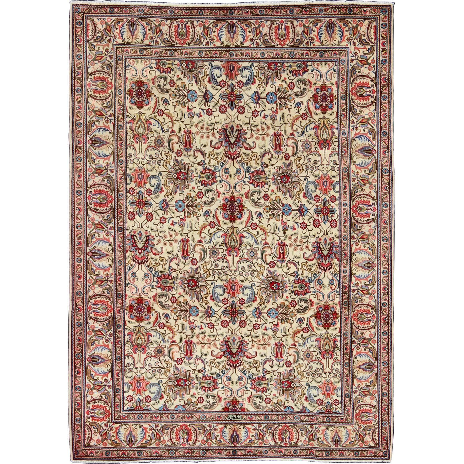 Vintage Persian Tabriz Rug with Vivid, Traditional Colors and All-Over Design For Sale