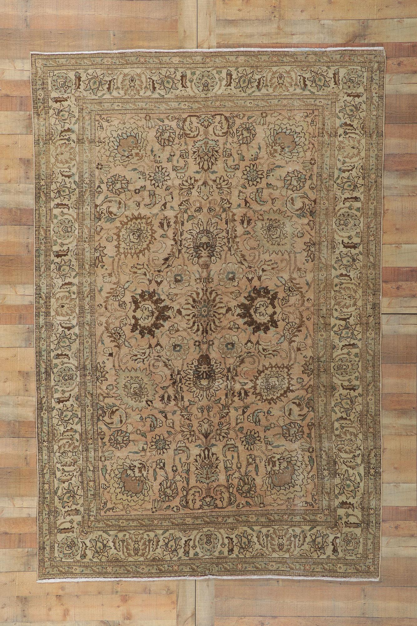 Vintage Persian Tabriz Rug with Warm Earth-Tone Colors For Sale 1