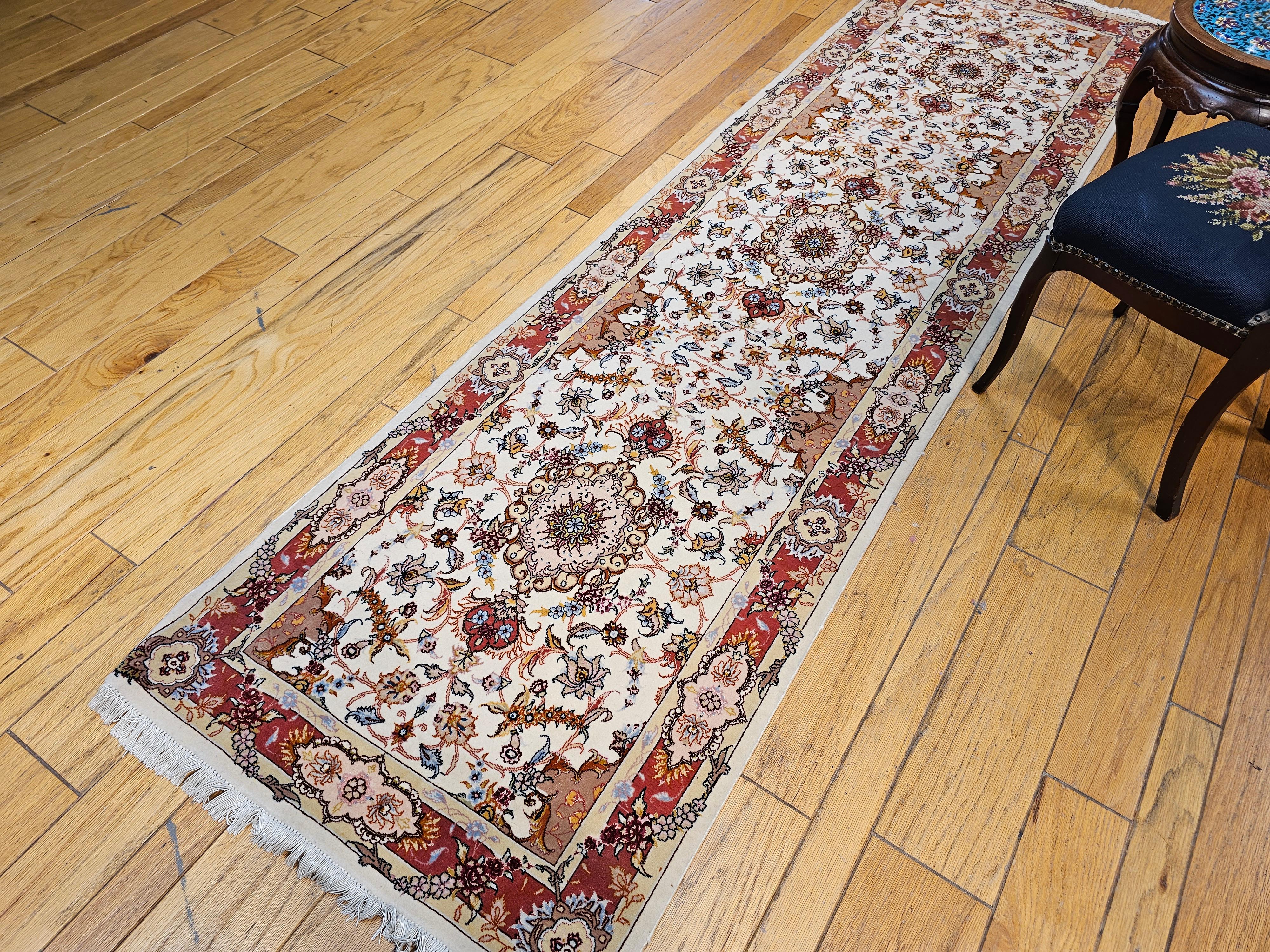 Vintage Persian Tabriz Runner in a Floral Pattern in Salmon, Pink, Ivory, Blue For Sale 4