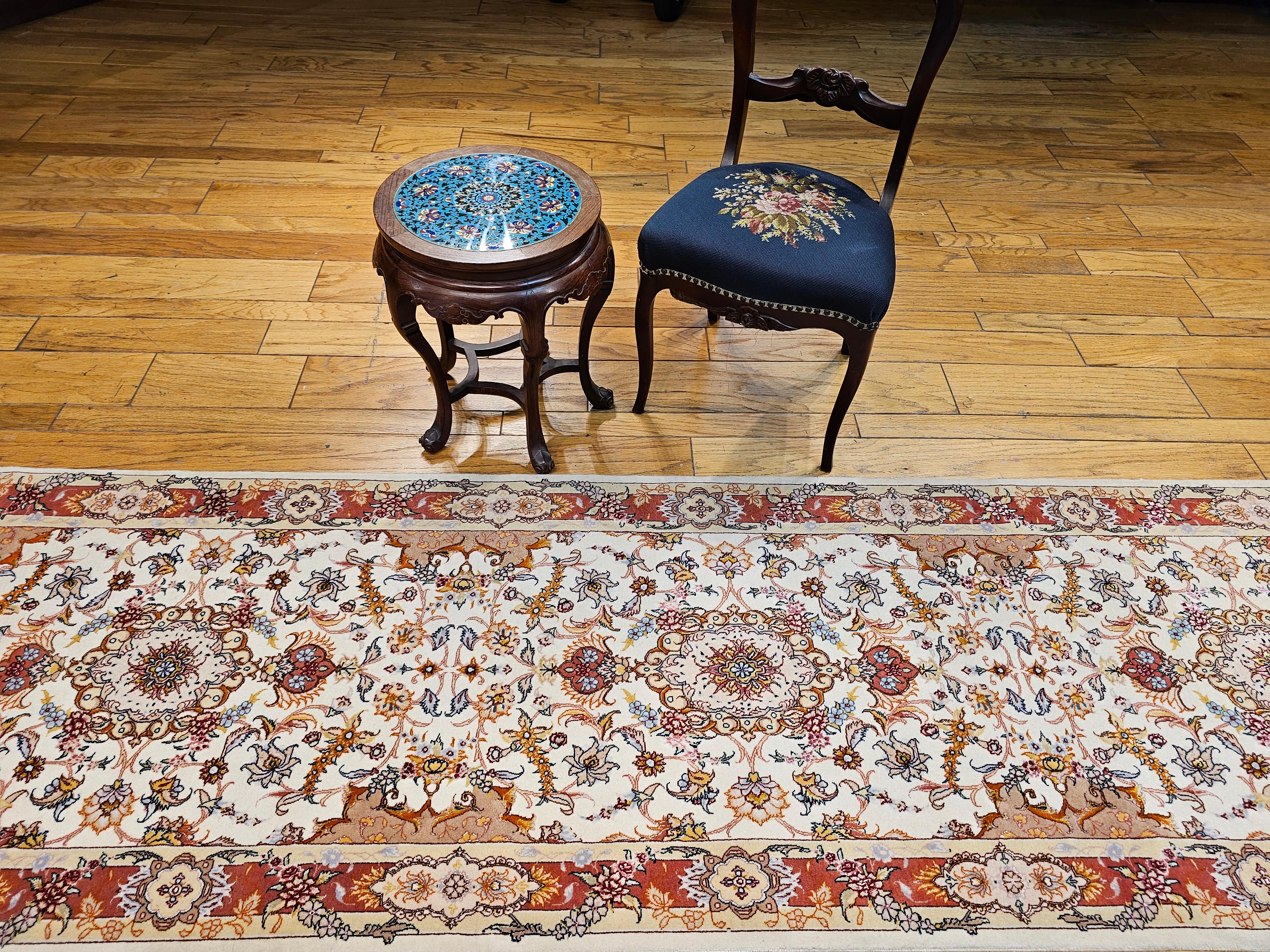 Vintage Persian Tabriz Runner in a Floral Pattern in Salmon, Pink, Ivory, Blue For Sale 5