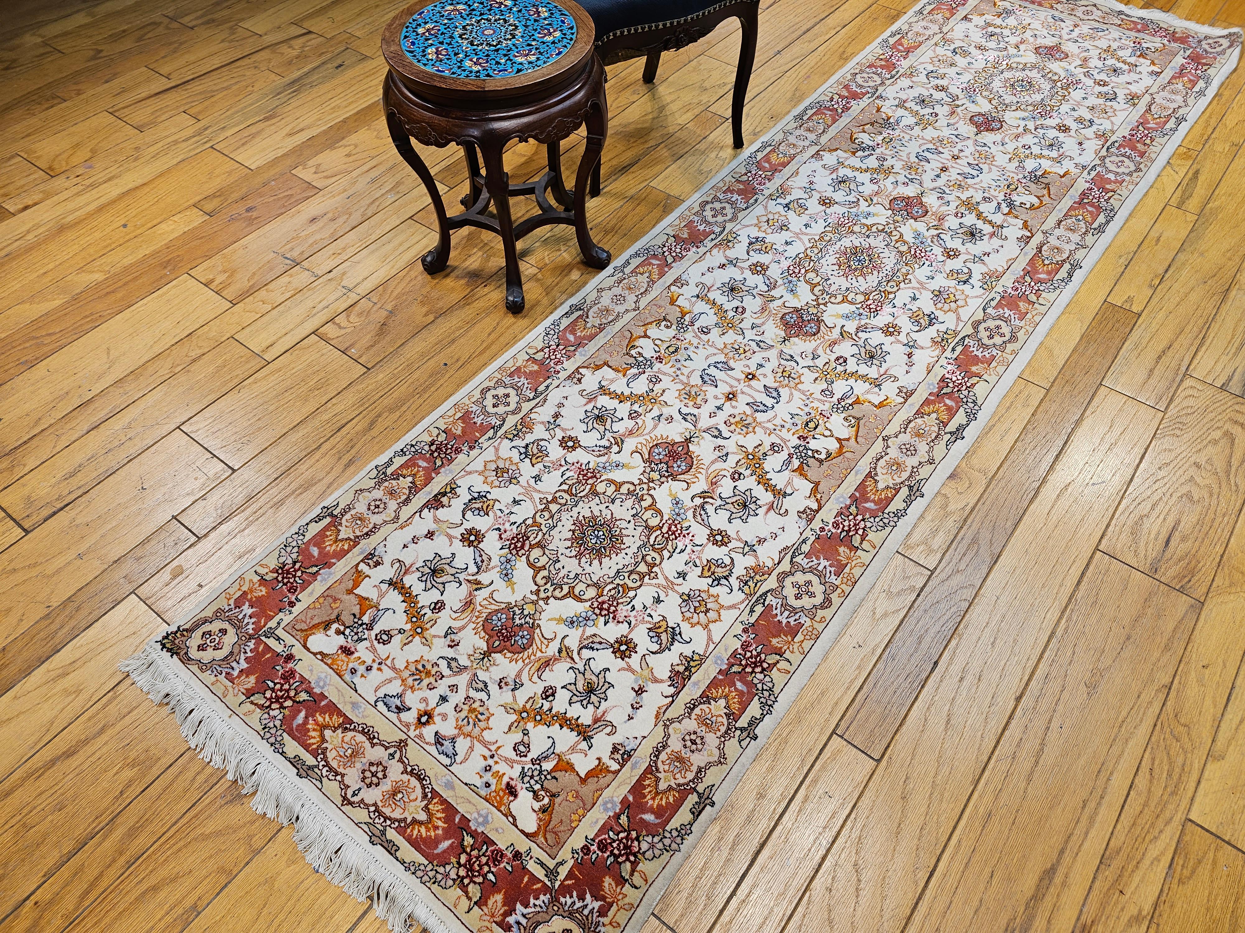 Vintage Persian Tabriz Runner in a Floral Pattern in Salmon, Pink, Ivory, Blue For Sale 7