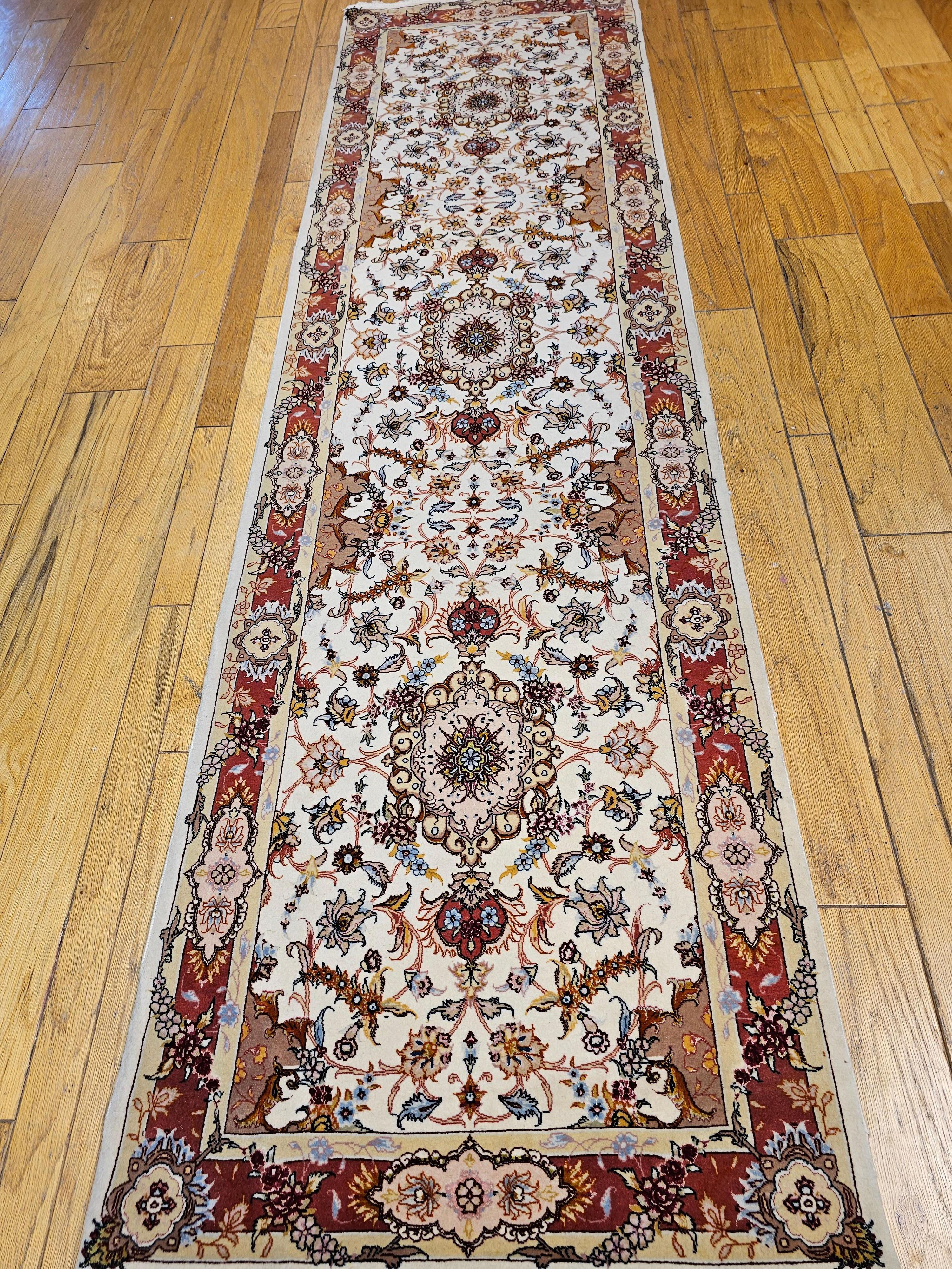 Vintage Persian Tabriz Runner in a Floral Pattern in Salmon, Pink, Ivory, Blue For Sale 8