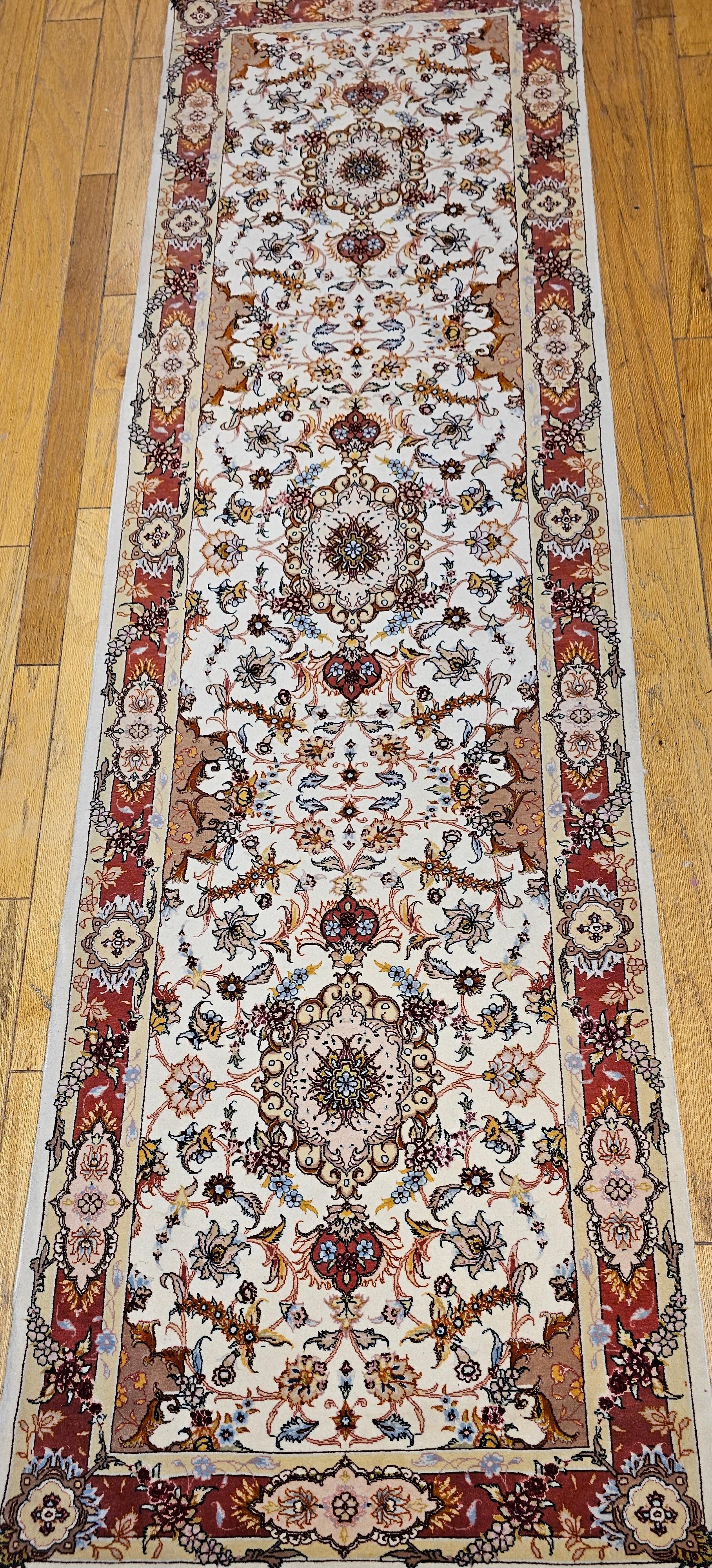 Vintage Persian Tabriz Runner in a Floral Pattern in Salmon, Pink, Ivory, Blue For Sale 9