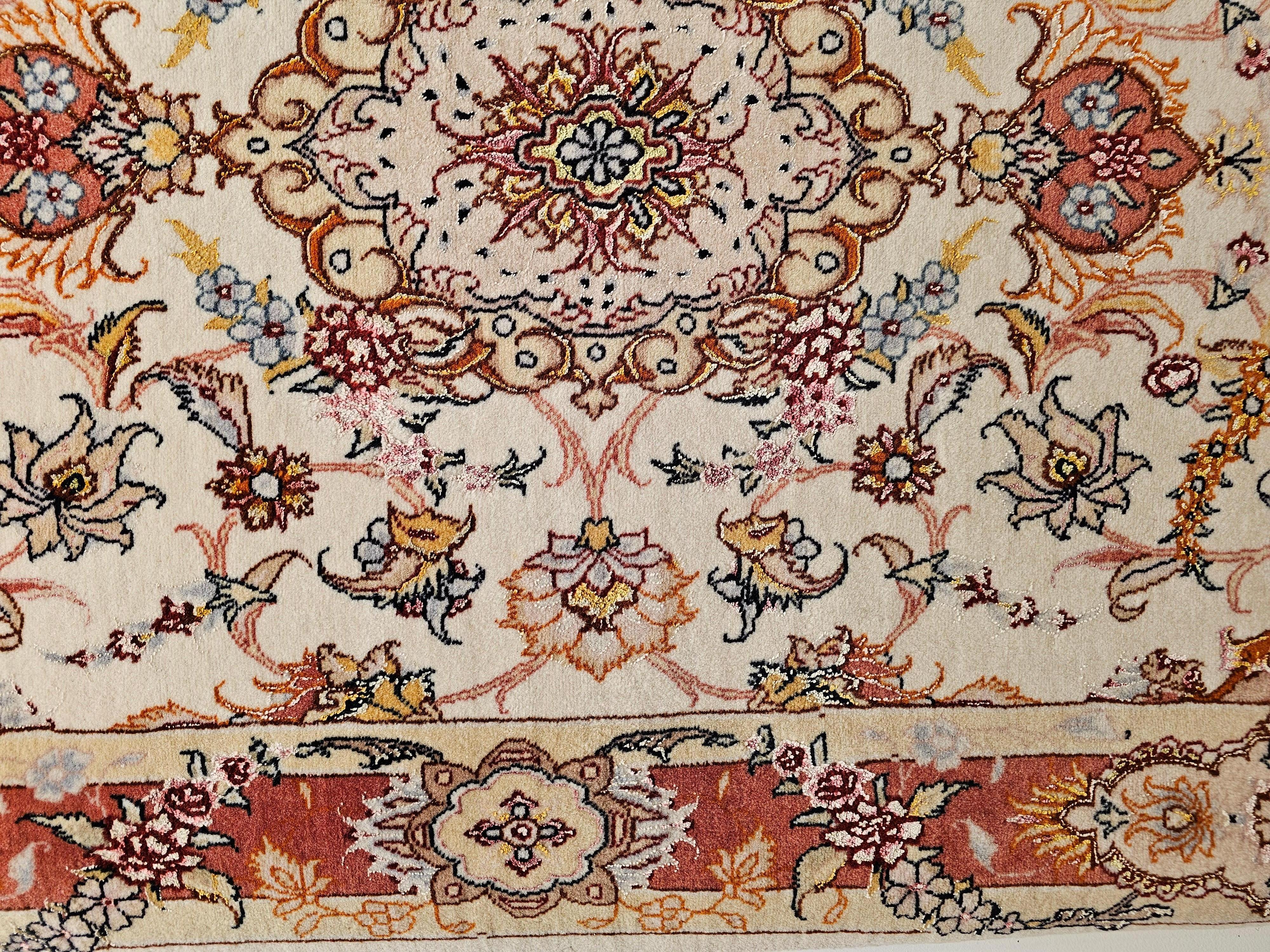 Hand-Knotted Vintage Persian Tabriz Runner in a Floral Pattern in Salmon, Pink, Ivory, Blue For Sale