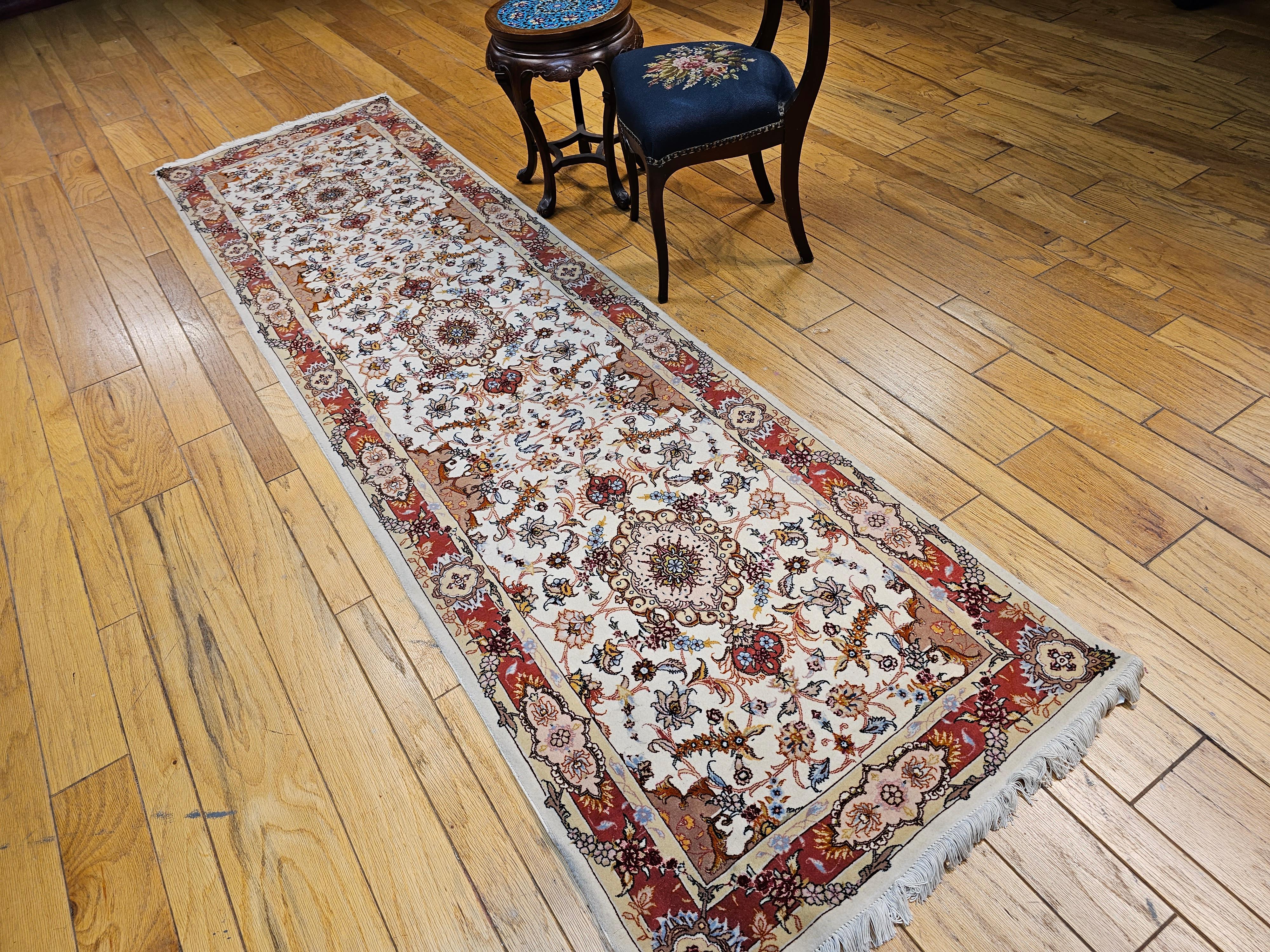 Vintage Persian Tabriz Runner in a Floral Pattern in Salmon, Pink, Ivory, Blue For Sale 3