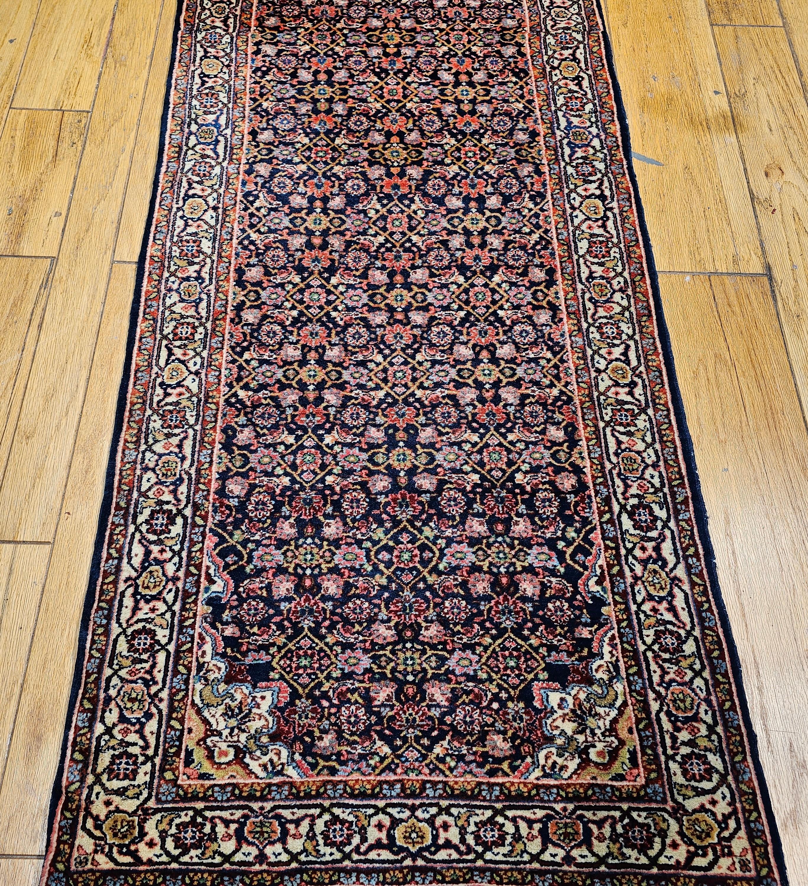 Vintage Persian Tabriz Long Runner with All-Over Herati Pattern in Navy Blue For Sale 4