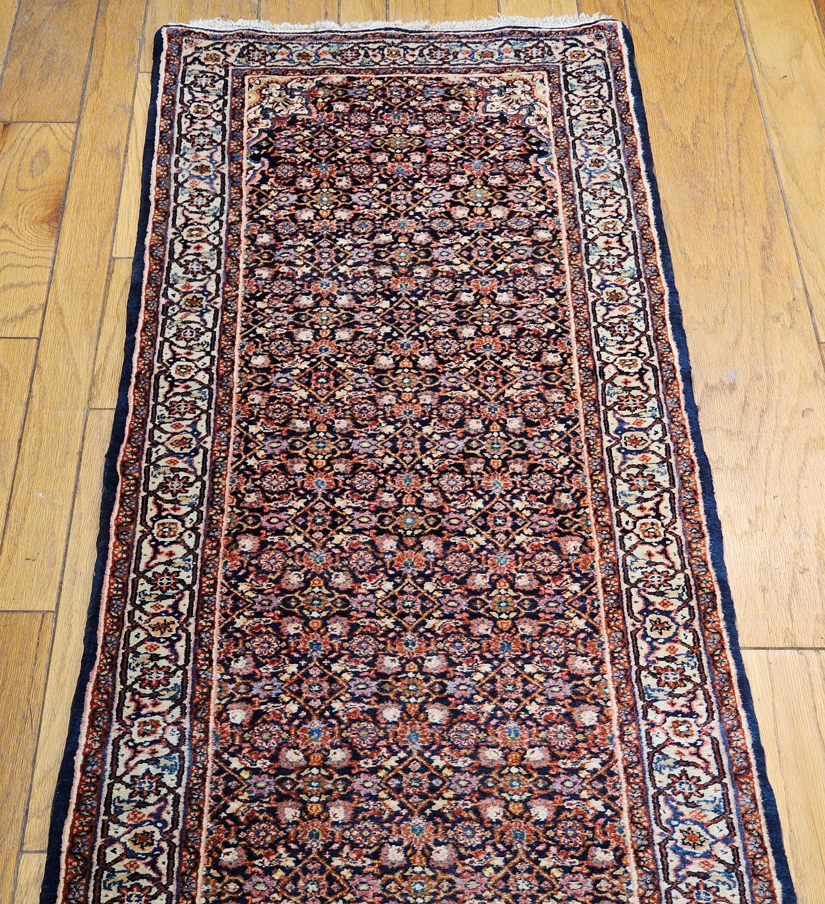 Vintage Persian Tabriz Long Runner with All-Over Herati Pattern in Navy Blue For Sale 5