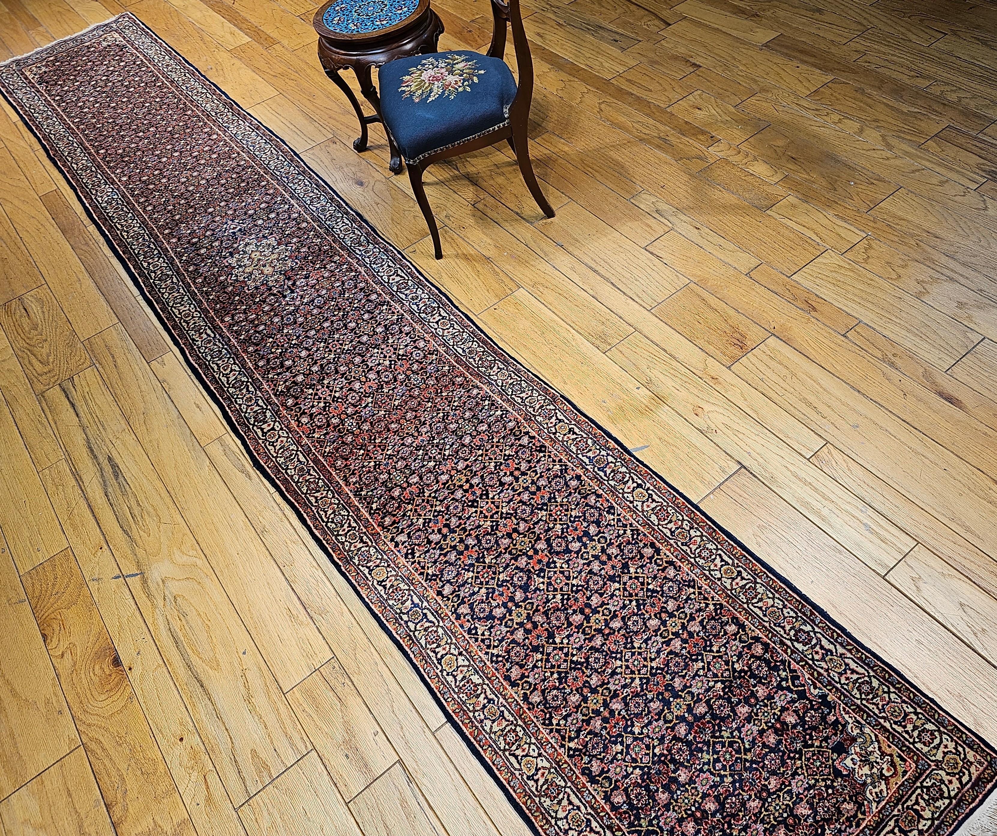Vintage Persian Tabriz Long Runner with All-Over Herati Pattern in Navy Blue For Sale 7
