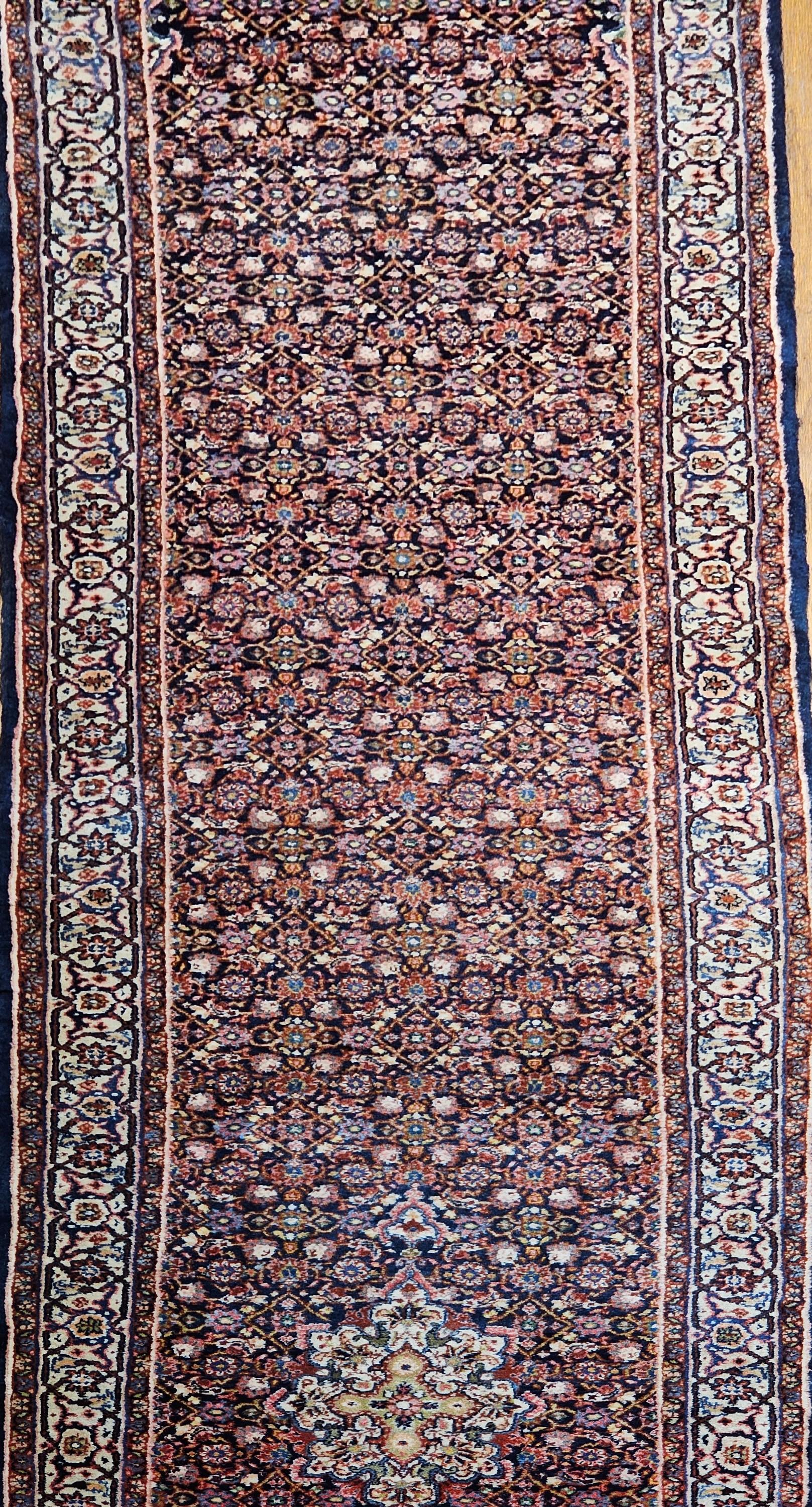 Hand-Knotted Vintage Persian Tabriz Long Runner with All-Over Herati Pattern in Navy Blue For Sale