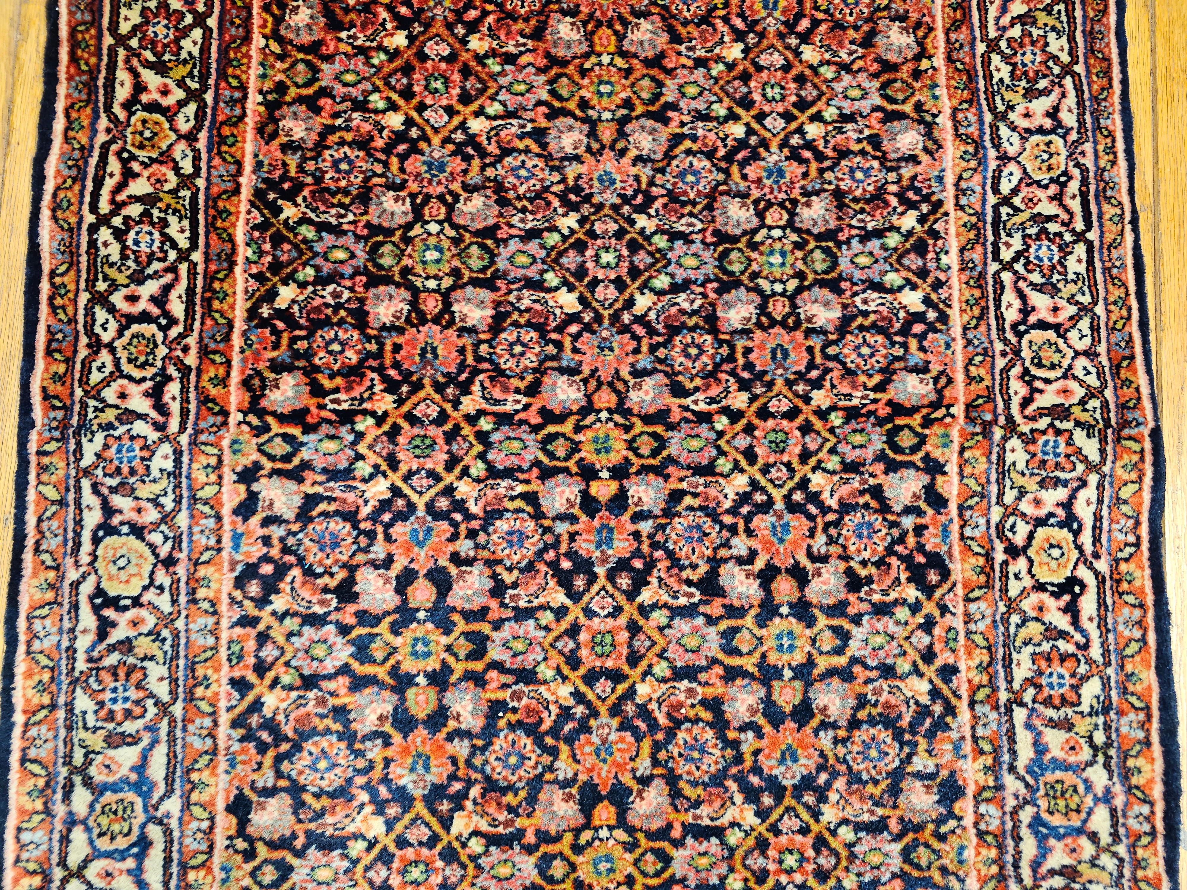 20th Century Vintage Persian Tabriz Long Runner with All-Over Herati Pattern in Navy Blue For Sale