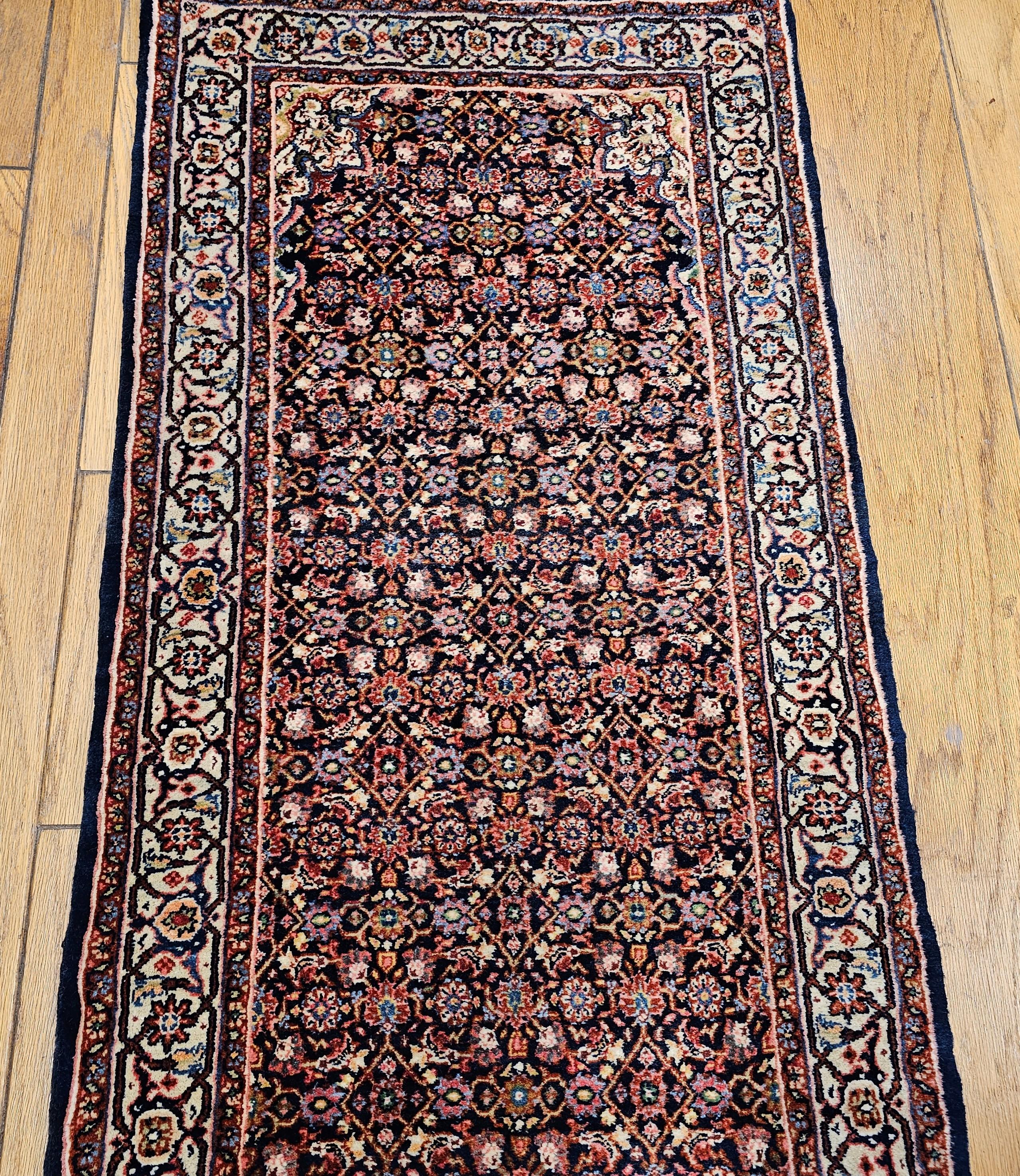 Vintage Persian Tabriz Long Runner with All-Over Herati Pattern in Navy Blue For Sale 2