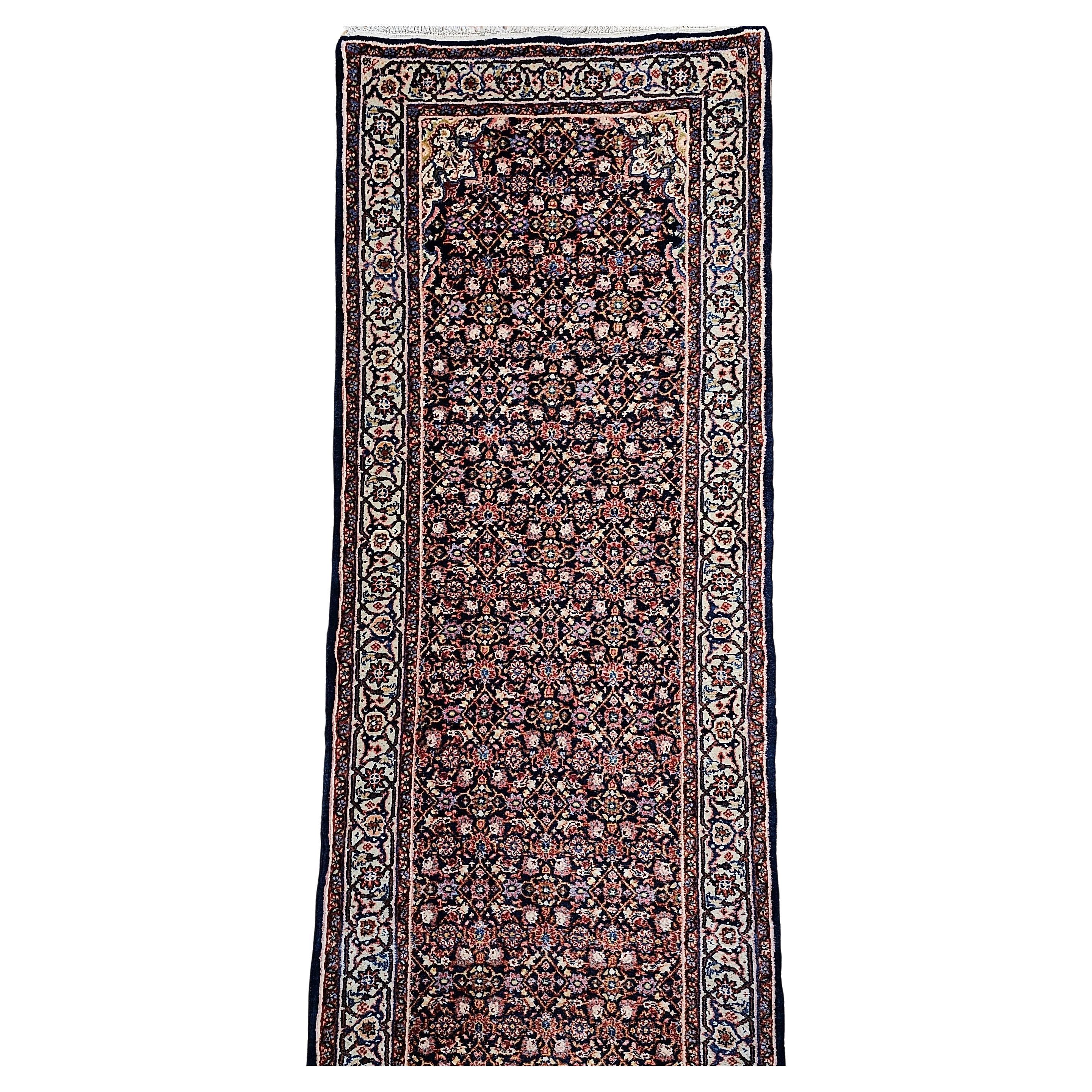 Vintage Persian Tabriz Long Runner with All-Over Herati Pattern in Navy Blue