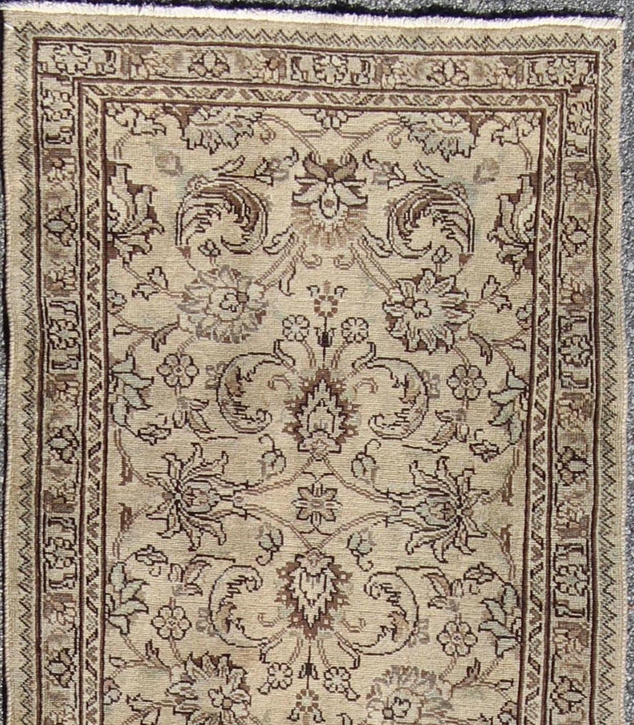 Brown and nude, natural colored vintage Persian Tabriz runner with all-over floral design, rug h-102-15, country of origin / type: Iran / Tabriz, circa 1950

This antique Persian runner with a sophisticated, all-over design features a natural