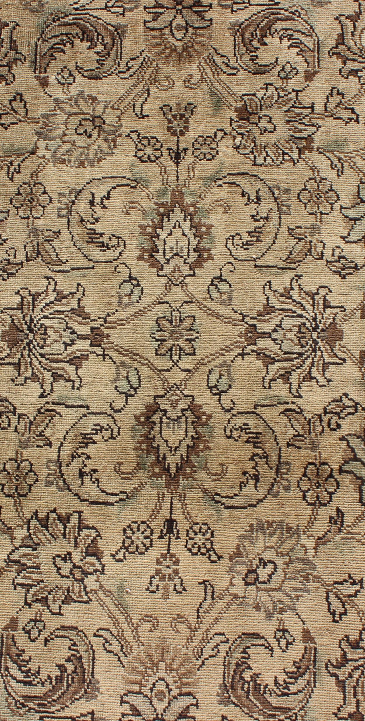 Hand-Knotted Vintage Persian Tabriz Runner with All-Over Floral Design in Nude and Brown For Sale