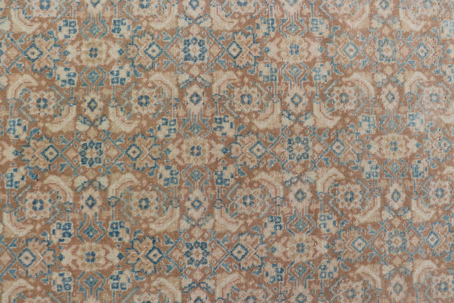 Hand-Knotted Vintage Persian Tabriz Runner with All-Over Floral Design in Tan and Blue For Sale