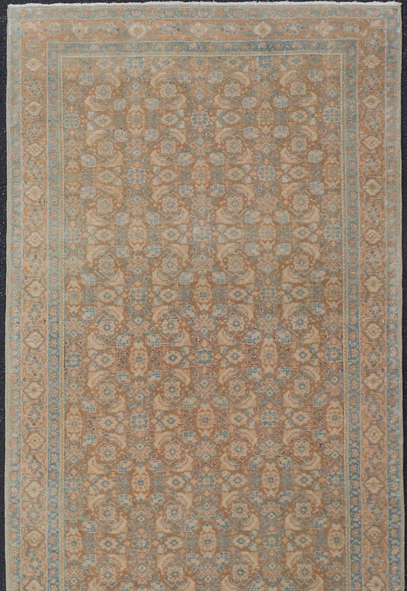 Vintage Persian Tabriz Runner with All-Over Floral Design in Tan and Blue In Good Condition For Sale In Atlanta, GA