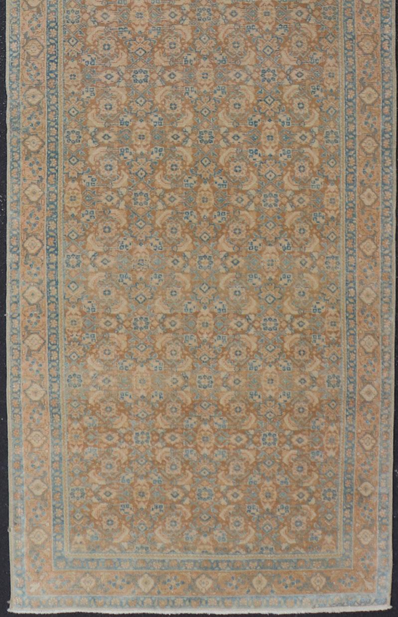 Wool Vintage Persian Tabriz Runner with All-Over Floral Design in Tan and Blue For Sale