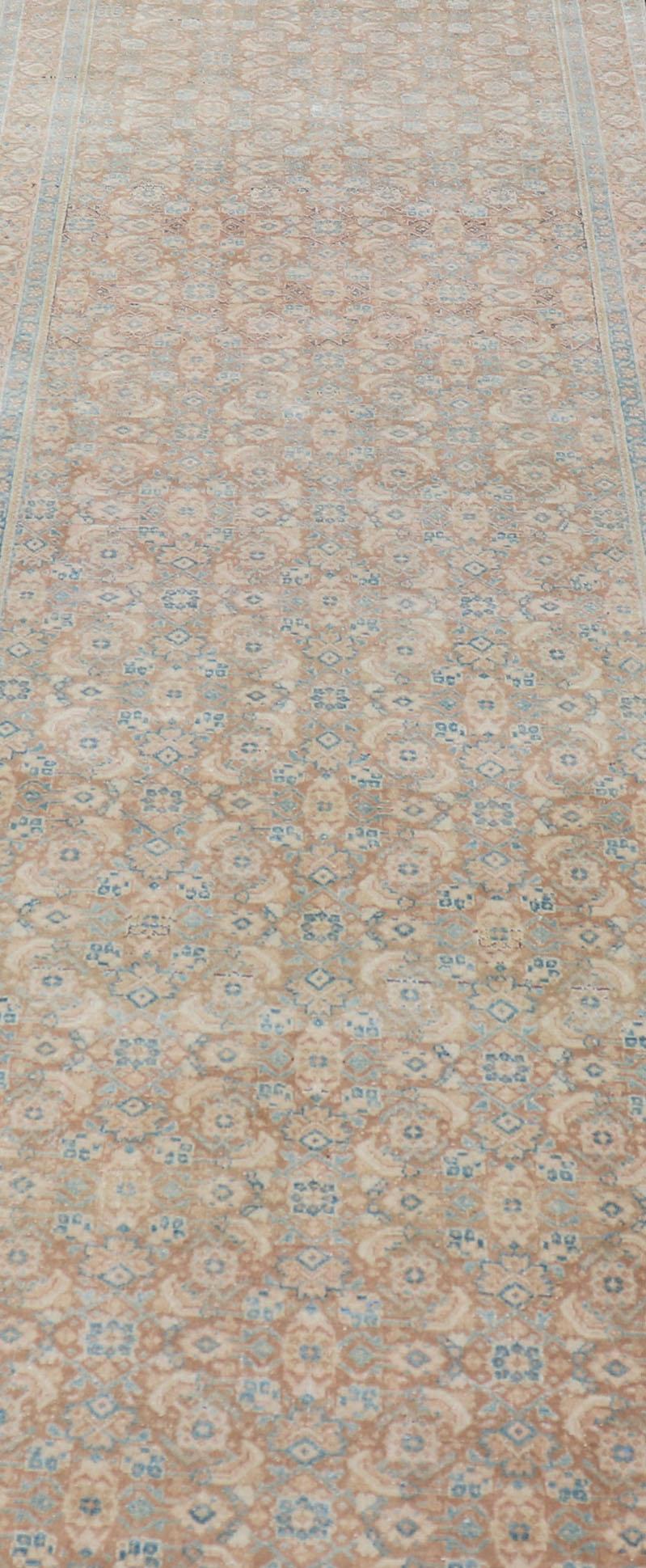 Vintage Persian Tabriz Runner with All-Over Floral Design in Tan and Blue For Sale 1