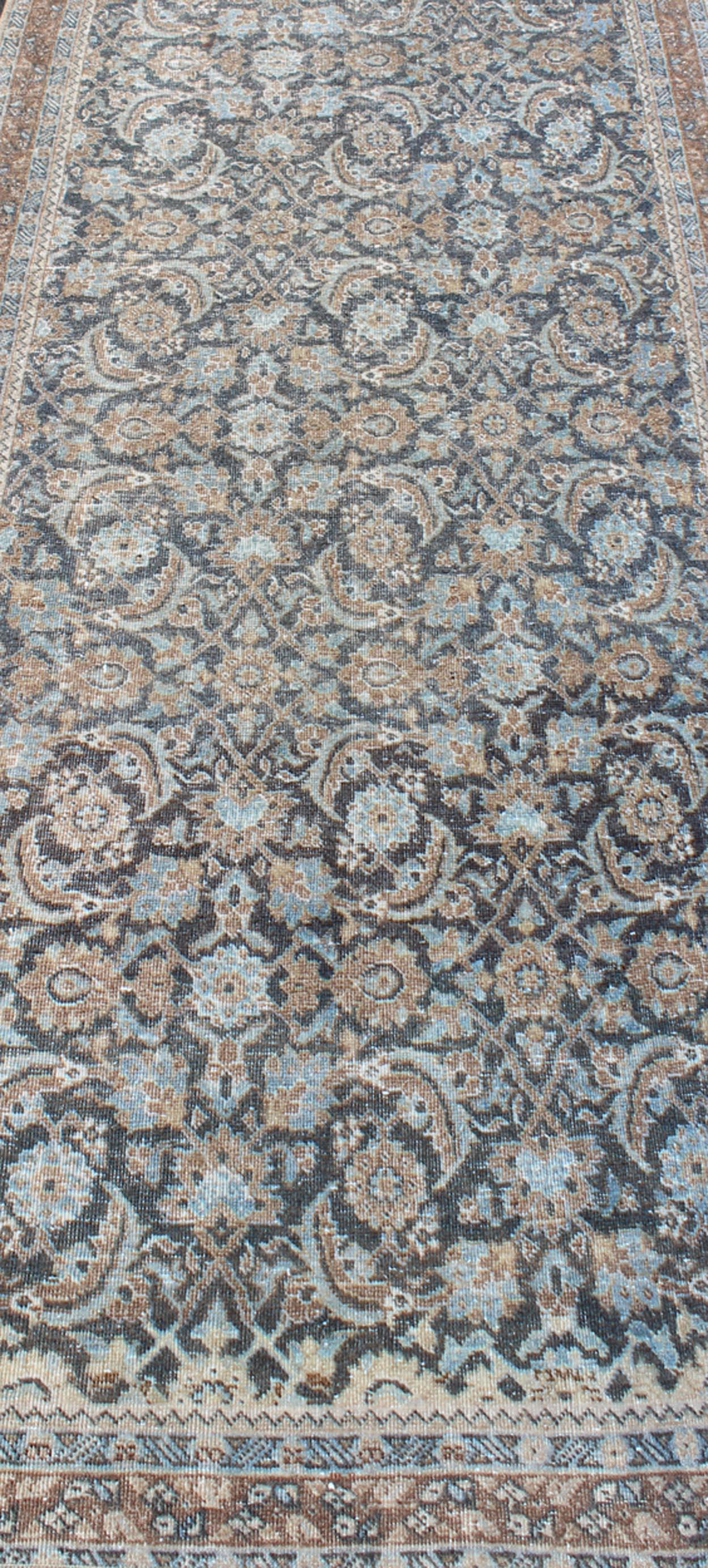 Vintage Persian Tabriz Runner with Ornate Floral Design in Blue and Taupe For Sale 5