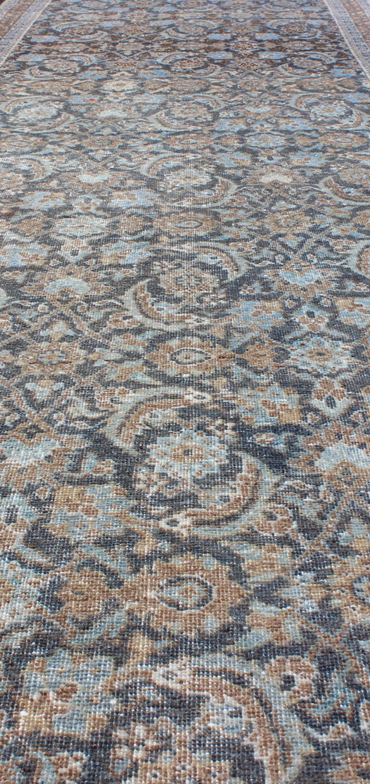 Vintage Persian Tabriz Runner with Ornate Floral Design in Blue and Taupe For Sale 6
