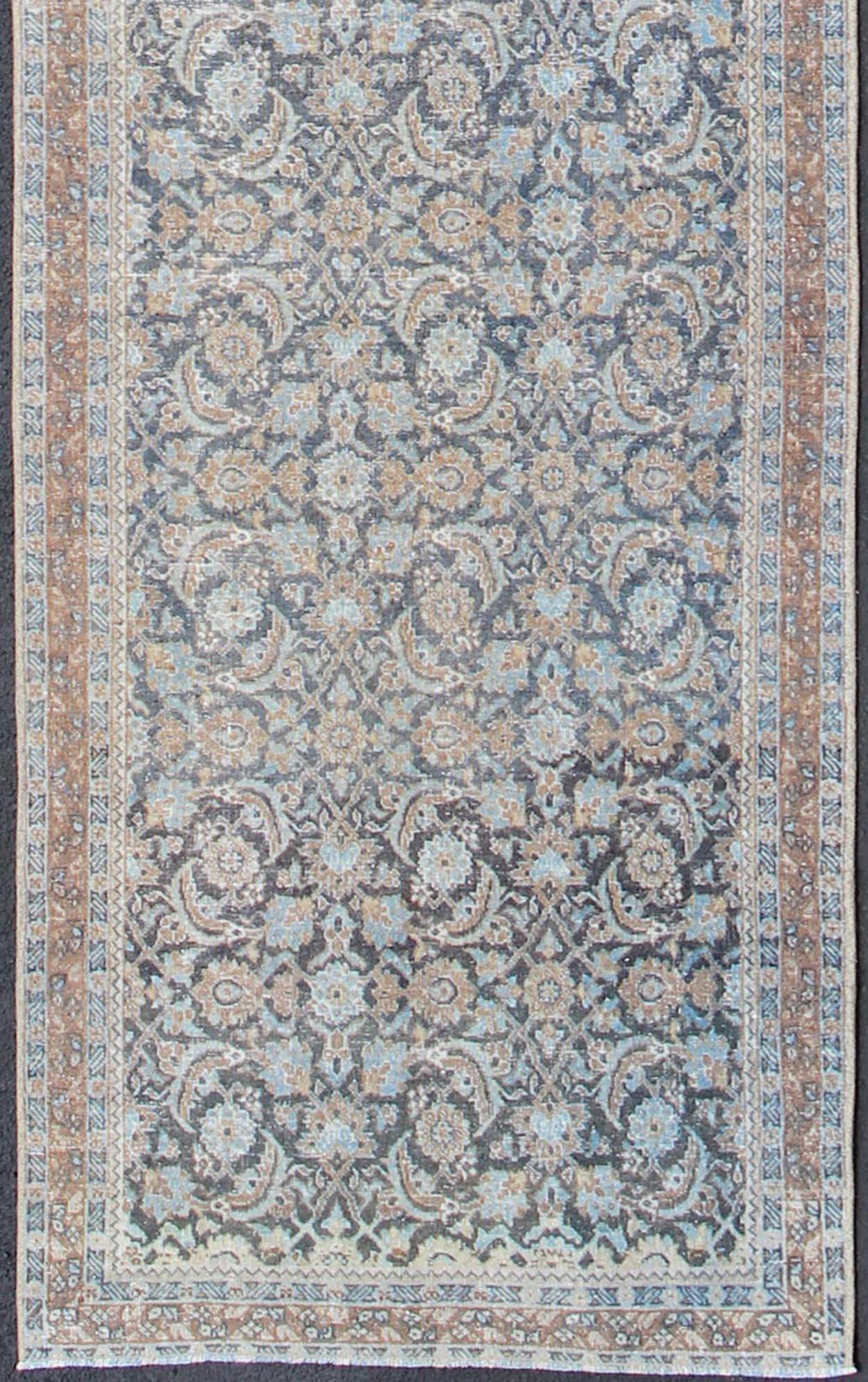 Shades of blue and taupe elegant and ornate Persian Tabriz vintage runner, rug sus-1807-258, country of origin / type: Iran / Tabriz, circa 1930.

This vintage Persian runner with a sophisticated, all-over design features a natural color
