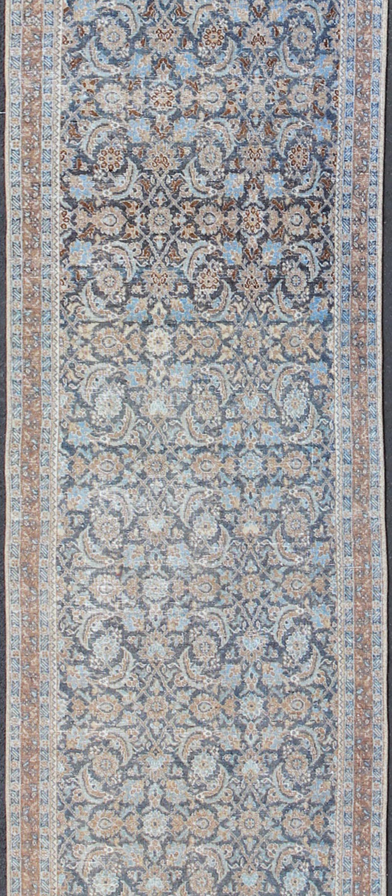 Hand-Knotted Vintage Persian Tabriz Runner with Ornate Floral Design in Blue and Taupe For Sale