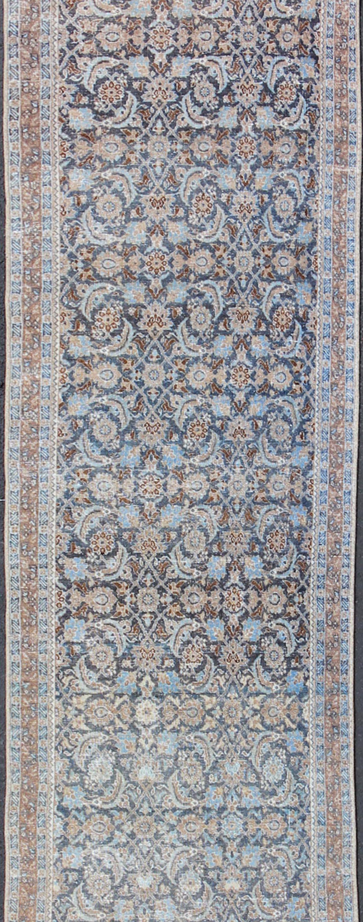 Vintage Persian Tabriz Runner with Ornate Floral Design in Blue and Taupe In Good Condition For Sale In Atlanta, GA