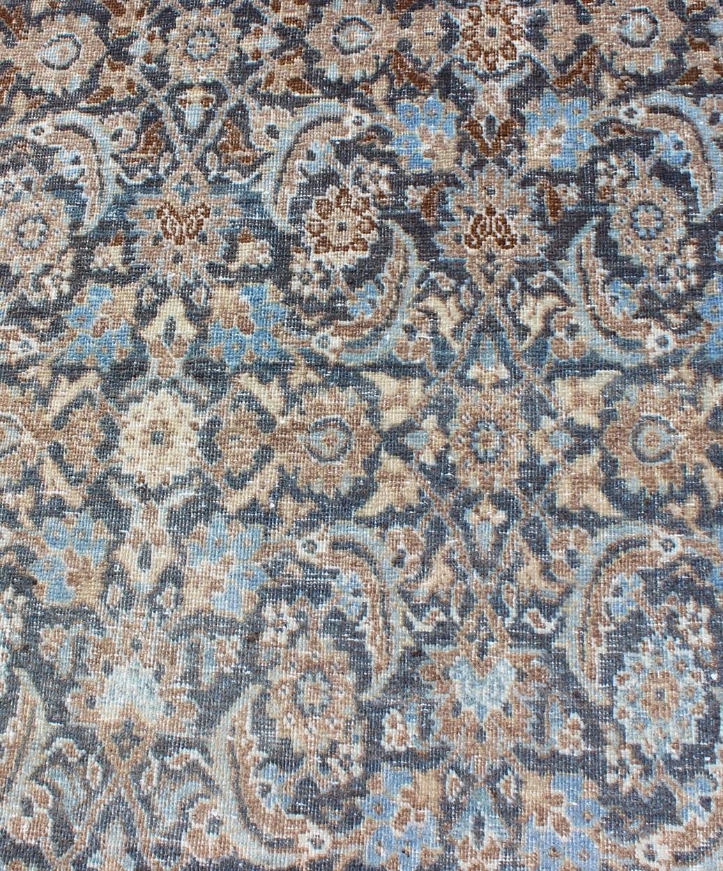 Wool Vintage Persian Tabriz Runner with Ornate Floral Design in Blue and Taupe For Sale
