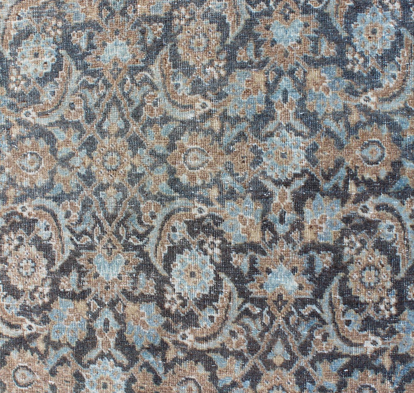 Vintage Persian Tabriz Runner with Ornate Floral Design in Blue and Taupe For Sale 2