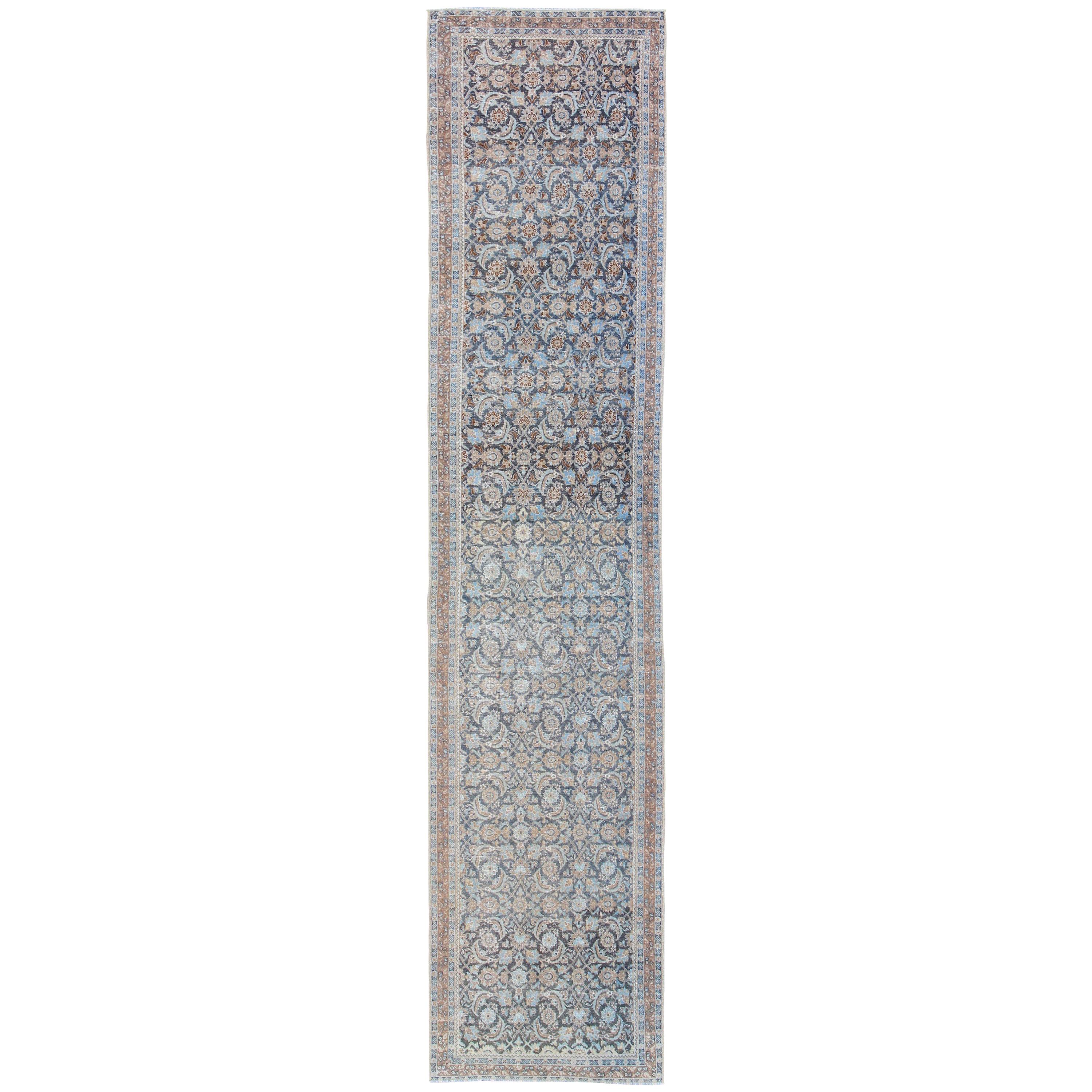 Vintage Persian Tabriz Runner with Ornate Floral Design in Blue and Taupe