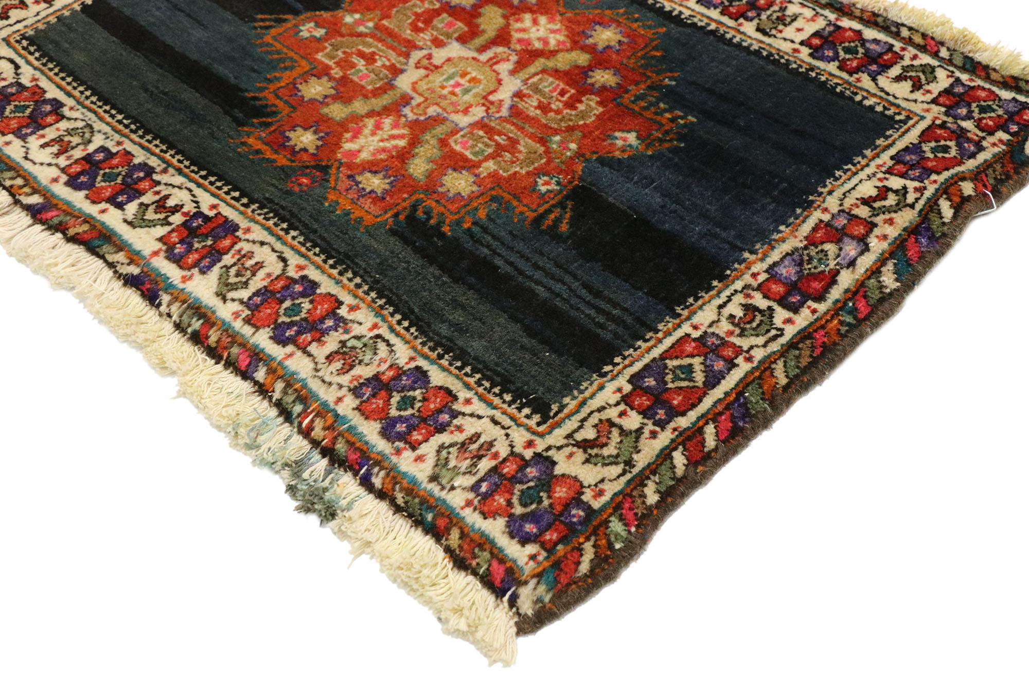 76204, vintage Persian Tabriz Scatter rug with Federal American Traditional style. Immersed in Persian history and refined colors, this hand knotted wool vintage Persian Tabriz scatter rug is poised to impress. The abrashed midnight navy blue field