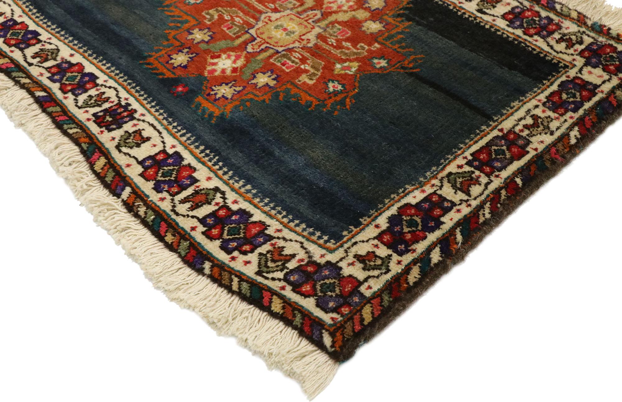 76203, vintage Persian Tabriz scatter rug with federal American traditional style. Immersed in Persian history and refined colors, this hand knotted wool vintage Persian Tabriz scatter rug is poised to impress. The abrashed midnight navy blue field