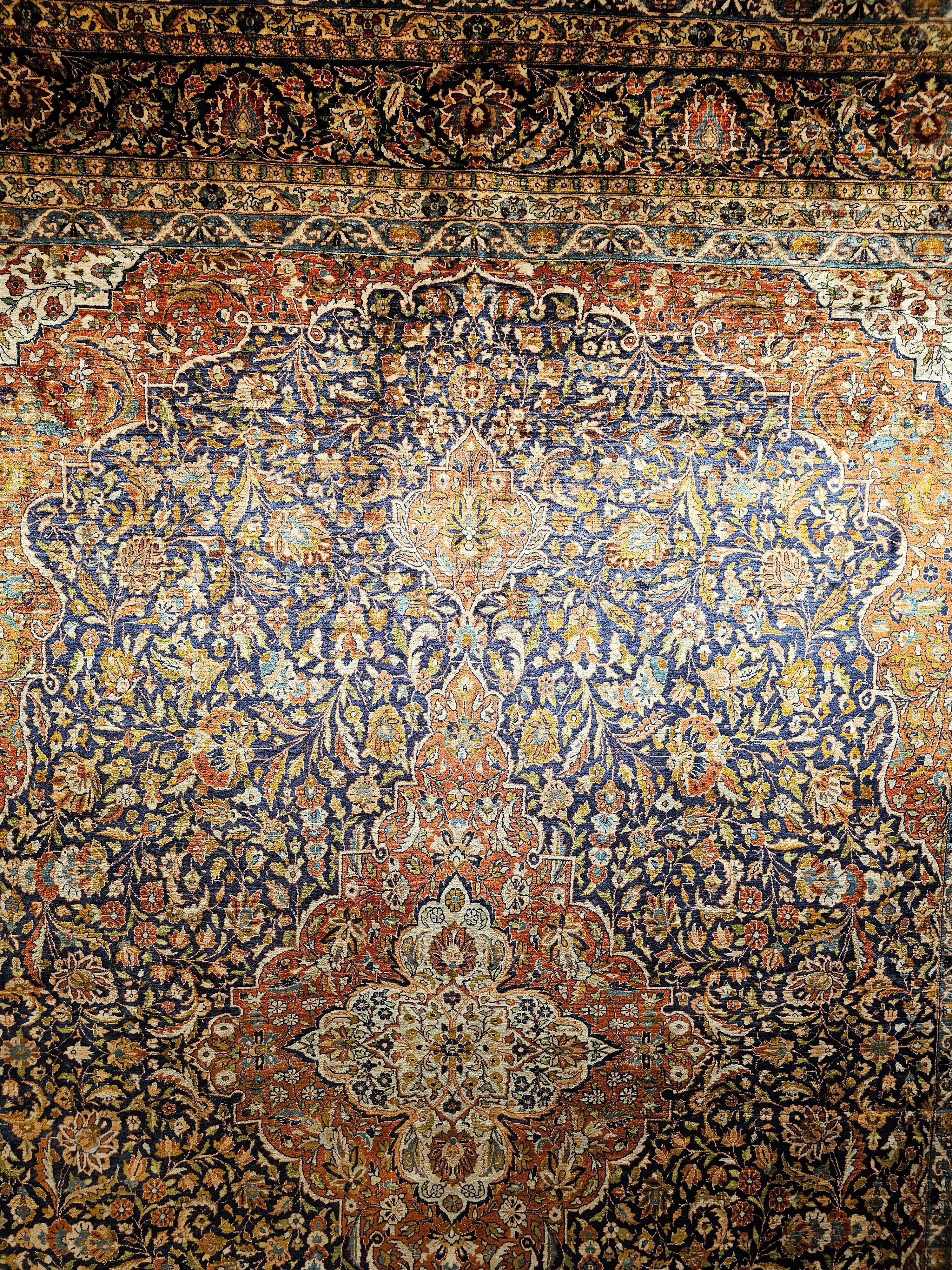 20th Century Vintage Persian Silk Tabriz Rug in Floral Design in Navy Blue, Rust, Yellow, Red For Sale