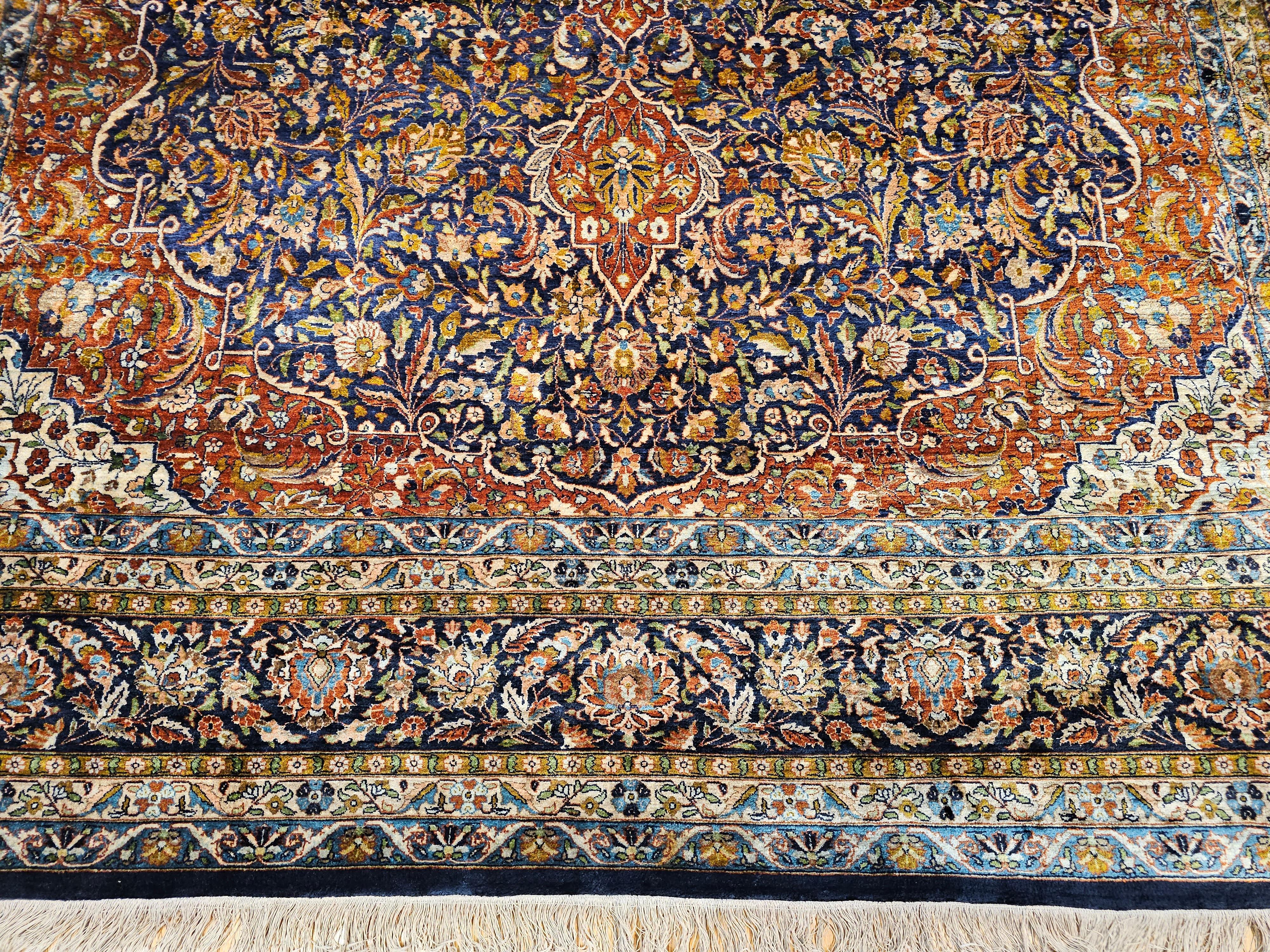 Vintage Persian Silk Tabriz Rug in Floral Design in Navy Blue, Rust, Yellow, Red For Sale 5