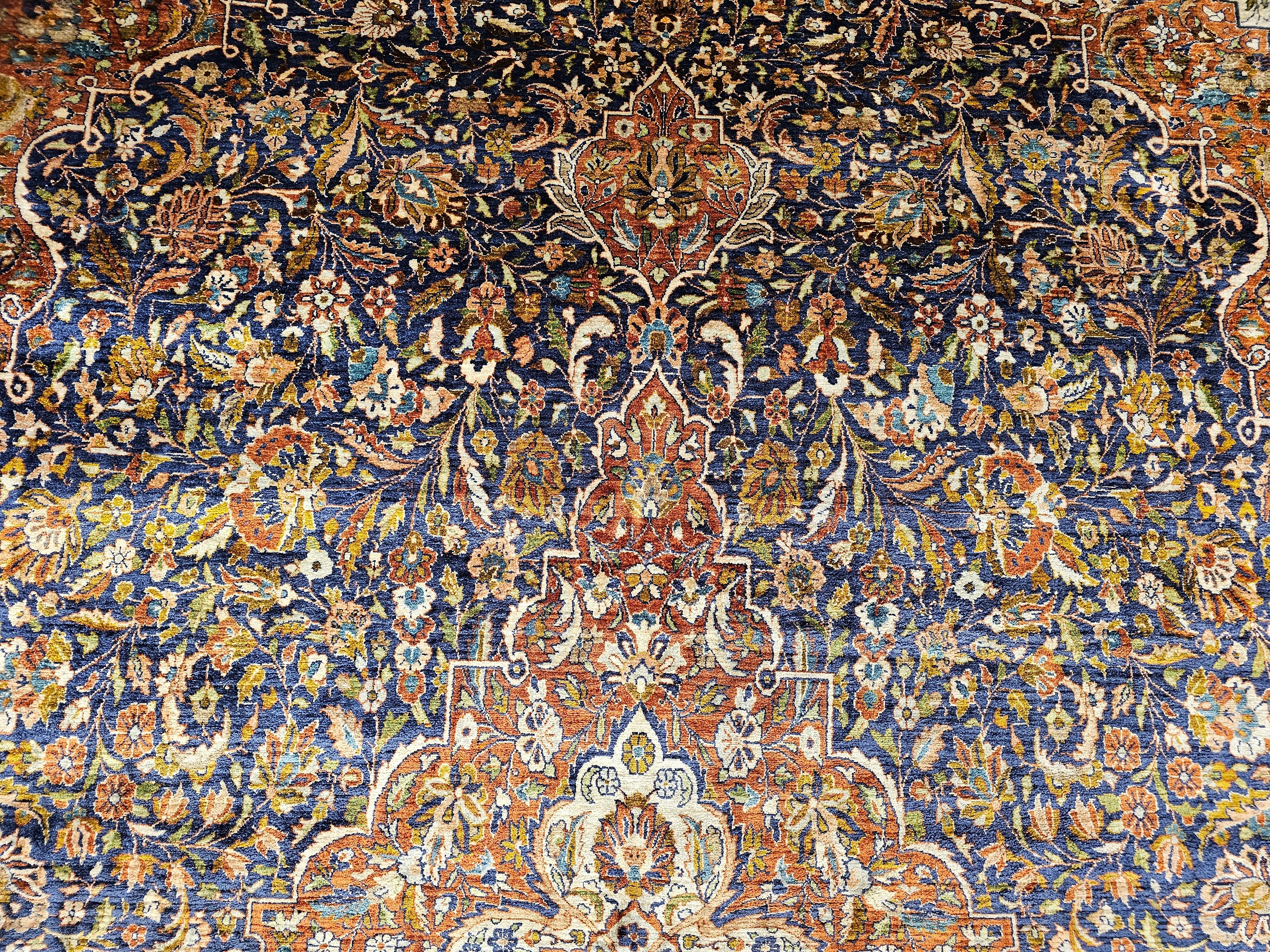 Vintage Persian Silk Tabriz Rug in Floral Design in Navy Blue, Rust, Yellow, Red For Sale 7