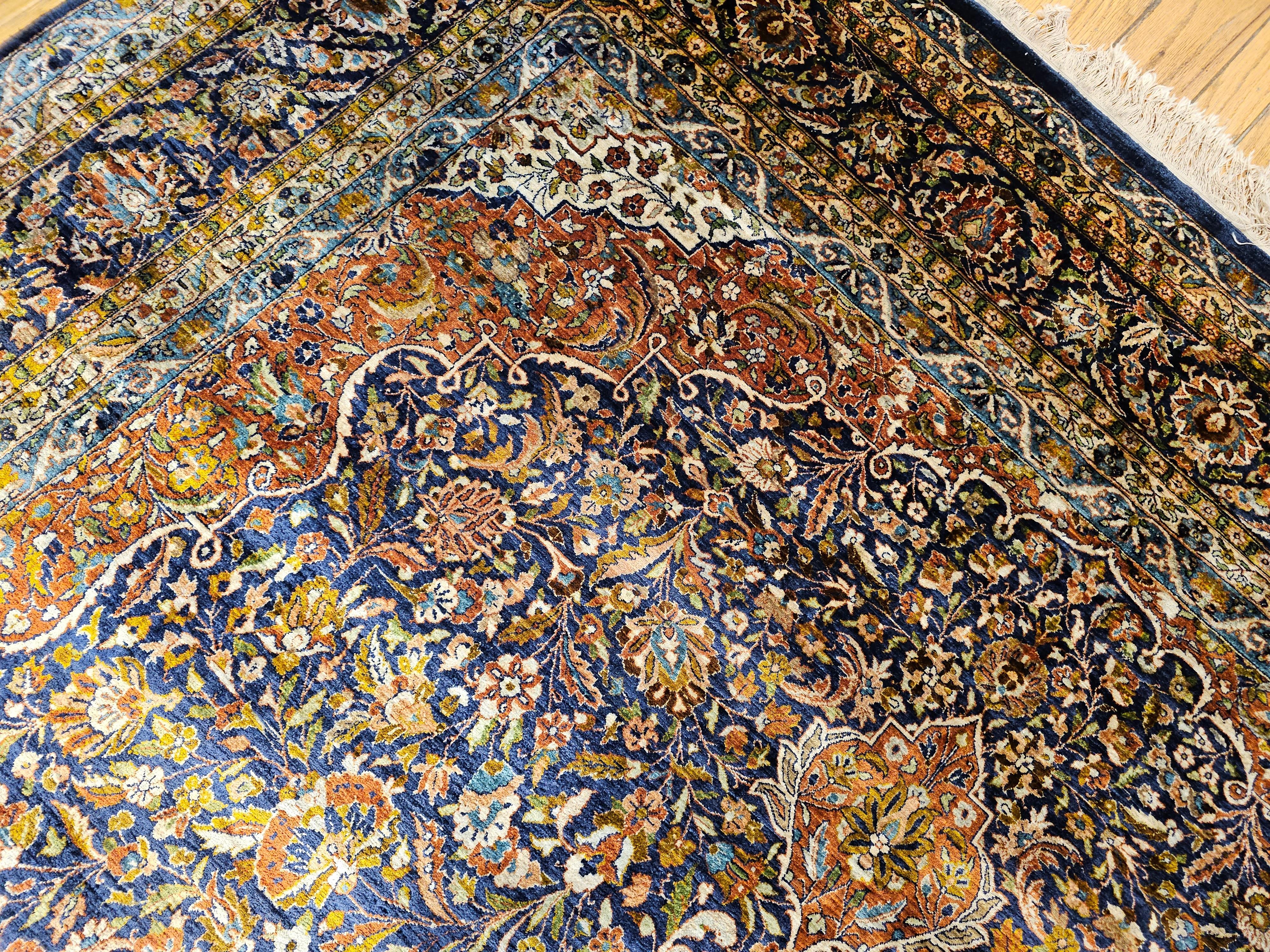 Vintage Persian Silk Tabriz Rug in Floral Design in Navy Blue, Rust, Yellow, Red For Sale 8
