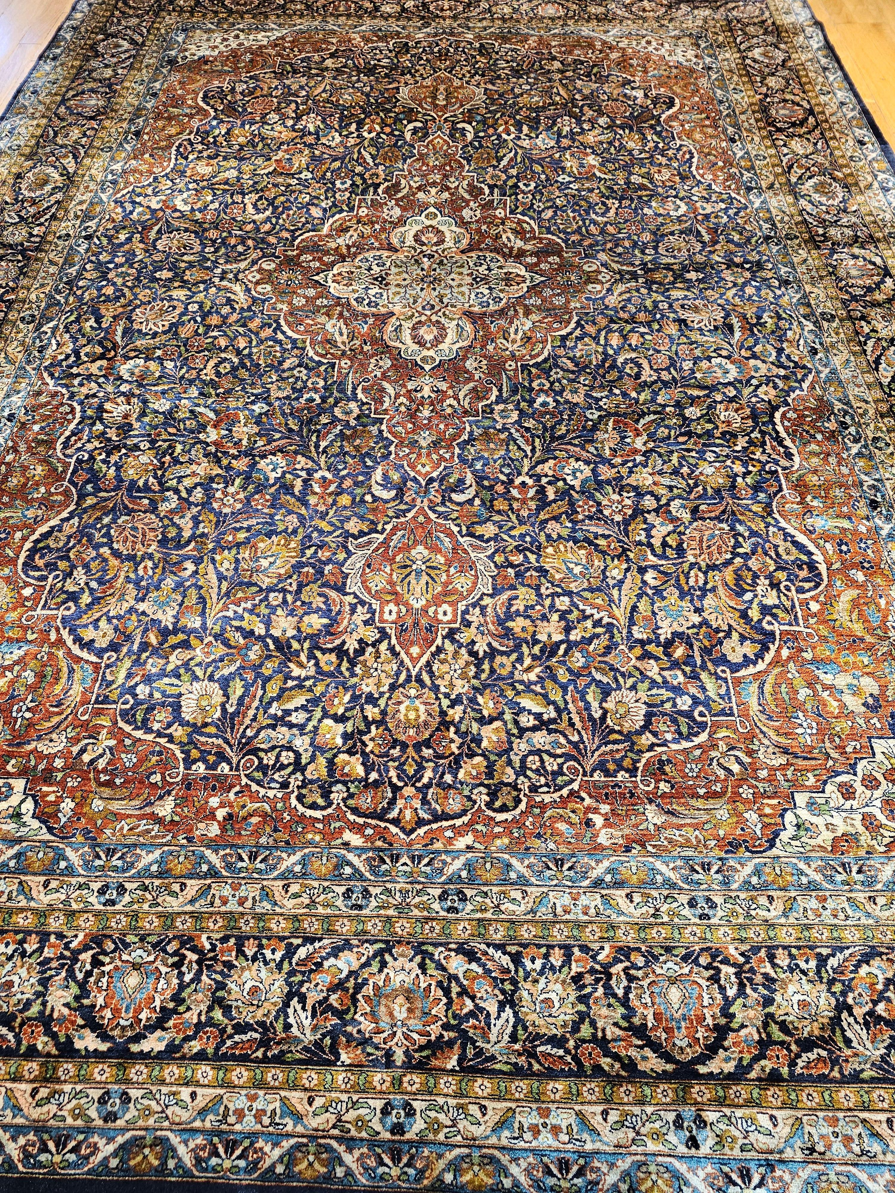 Vintage Persian Silk Tabriz Rug in Floral Design in Navy Blue, Rust, Yellow, Red For Sale 9