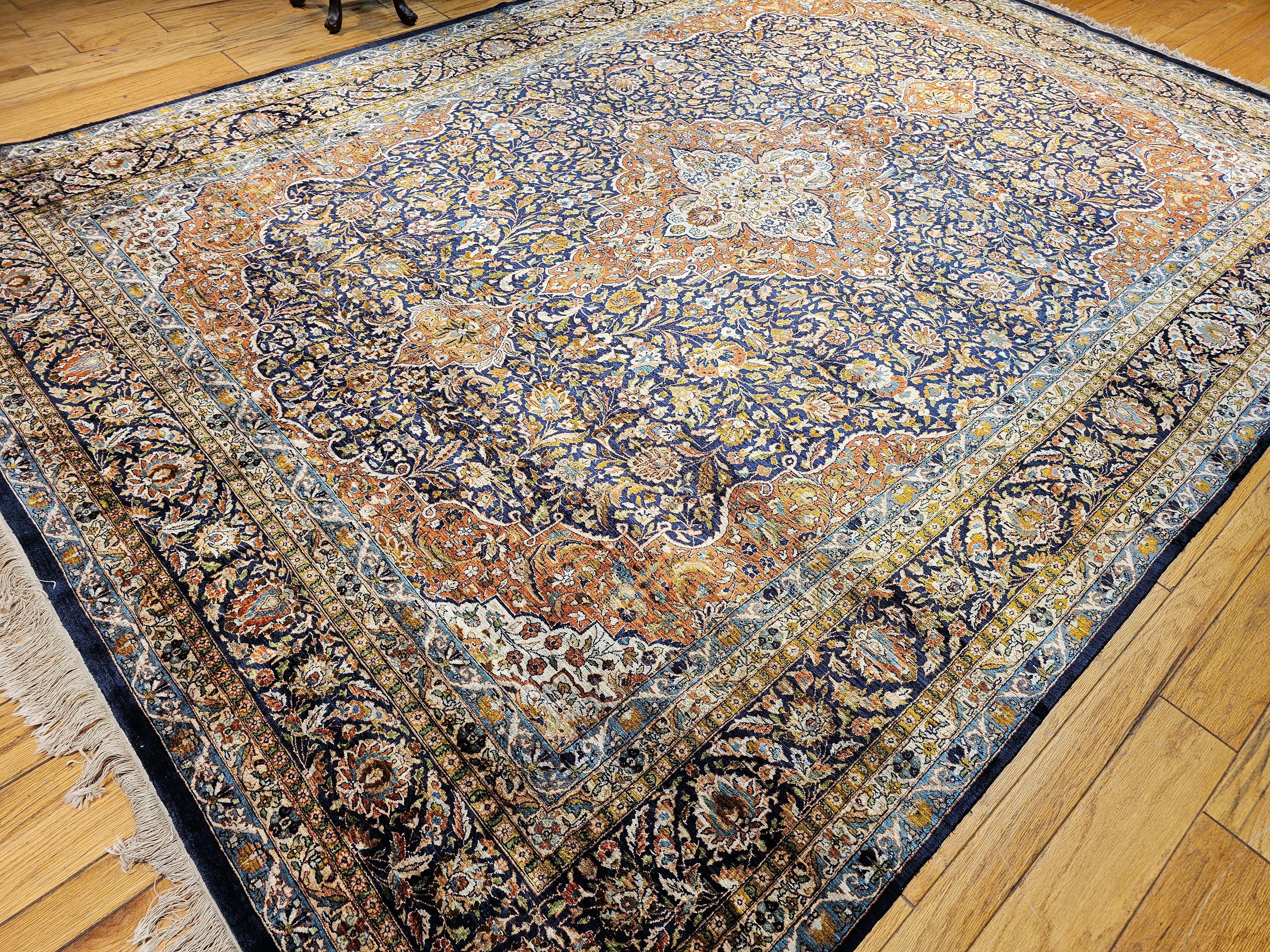 Vintage Persian Silk Tabriz Rug in Floral Design in Navy Blue, Rust, Yellow, Red For Sale 10