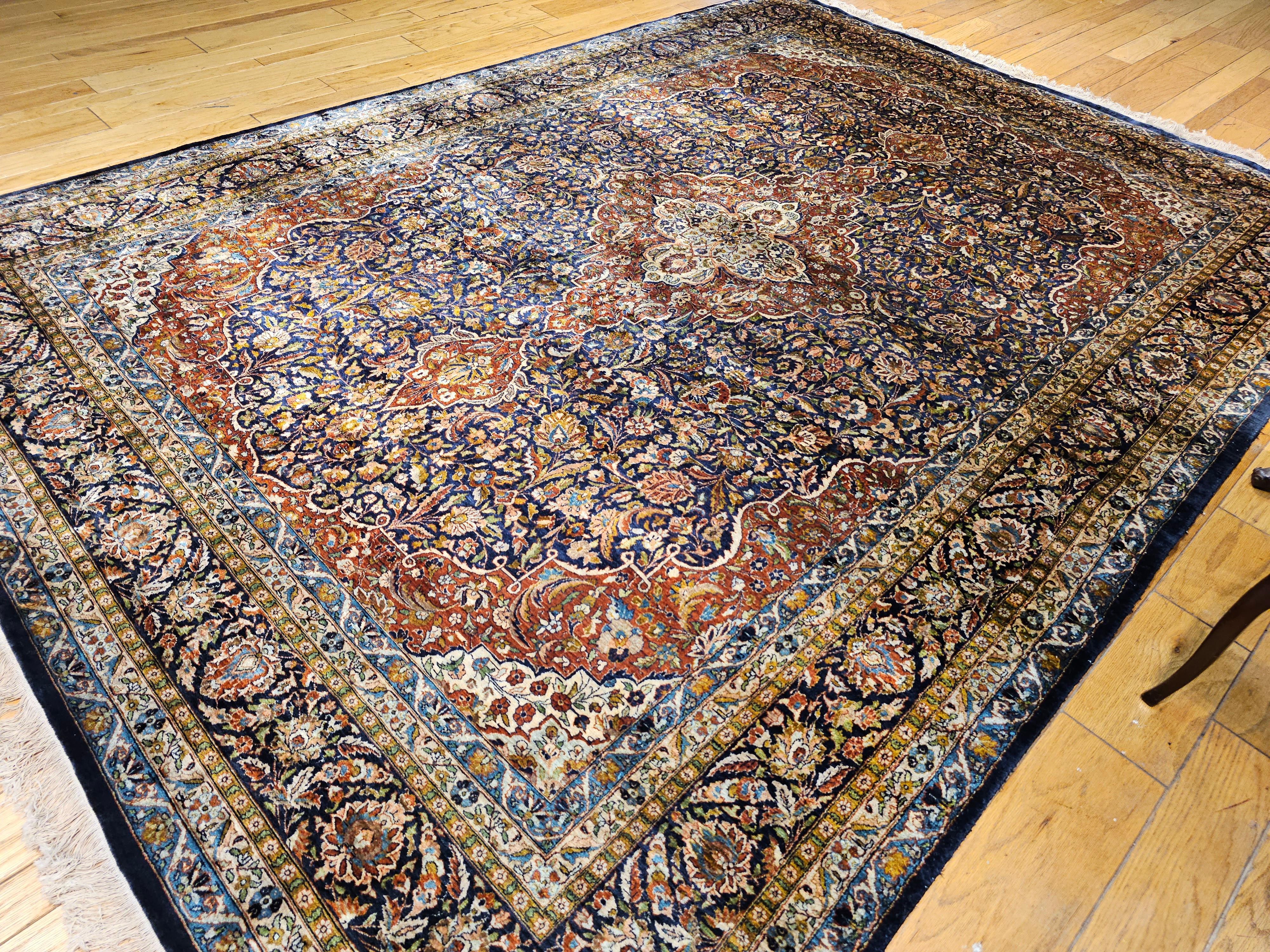 Vintage Persian Silk Tabriz Rug in Floral Design in Navy Blue, Rust, Yellow, Red For Sale 12