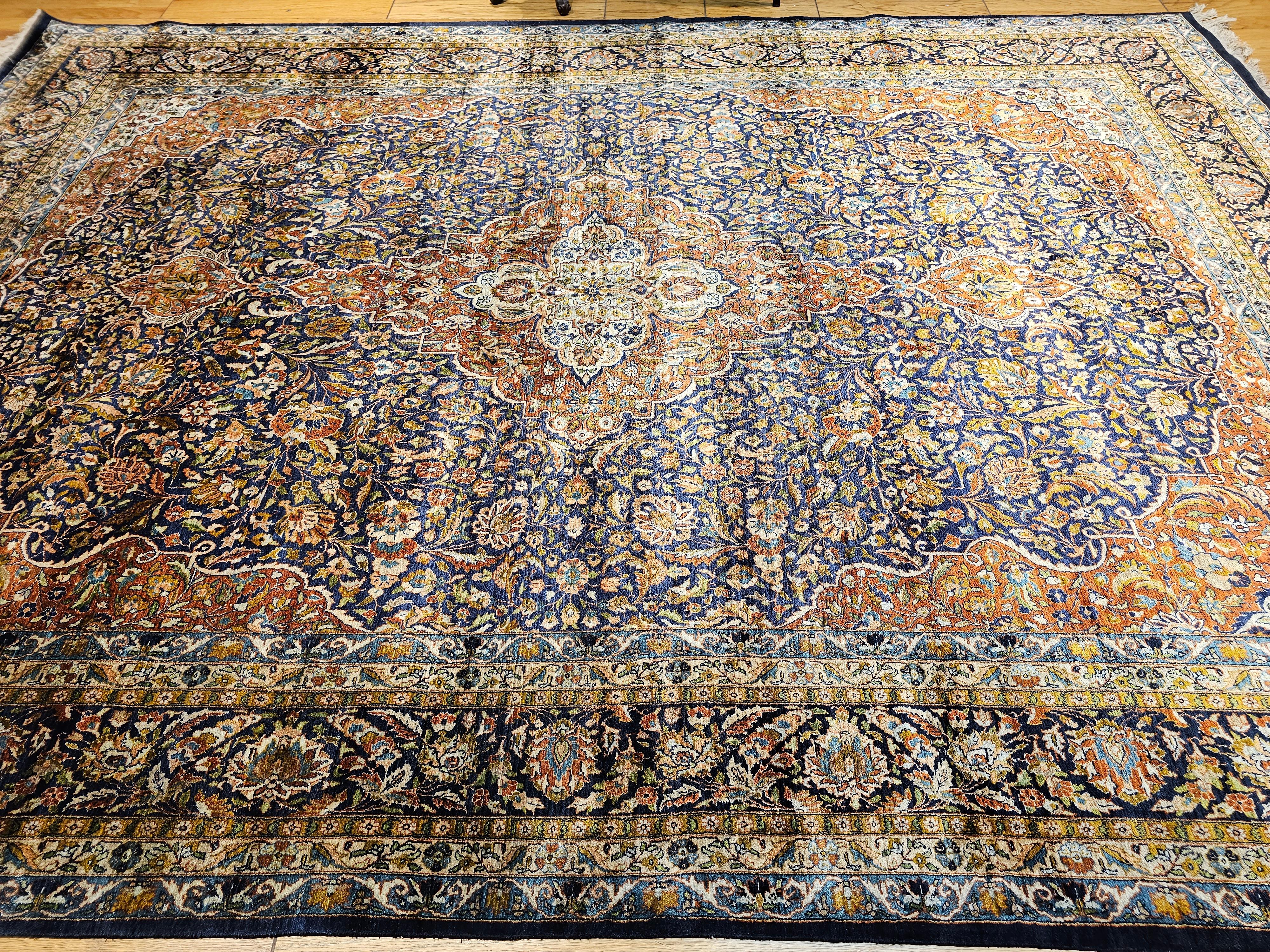 Vintage Persian Silk Tabriz Rug in Floral Design in Navy Blue, Rust, Yellow, Red For Sale 11