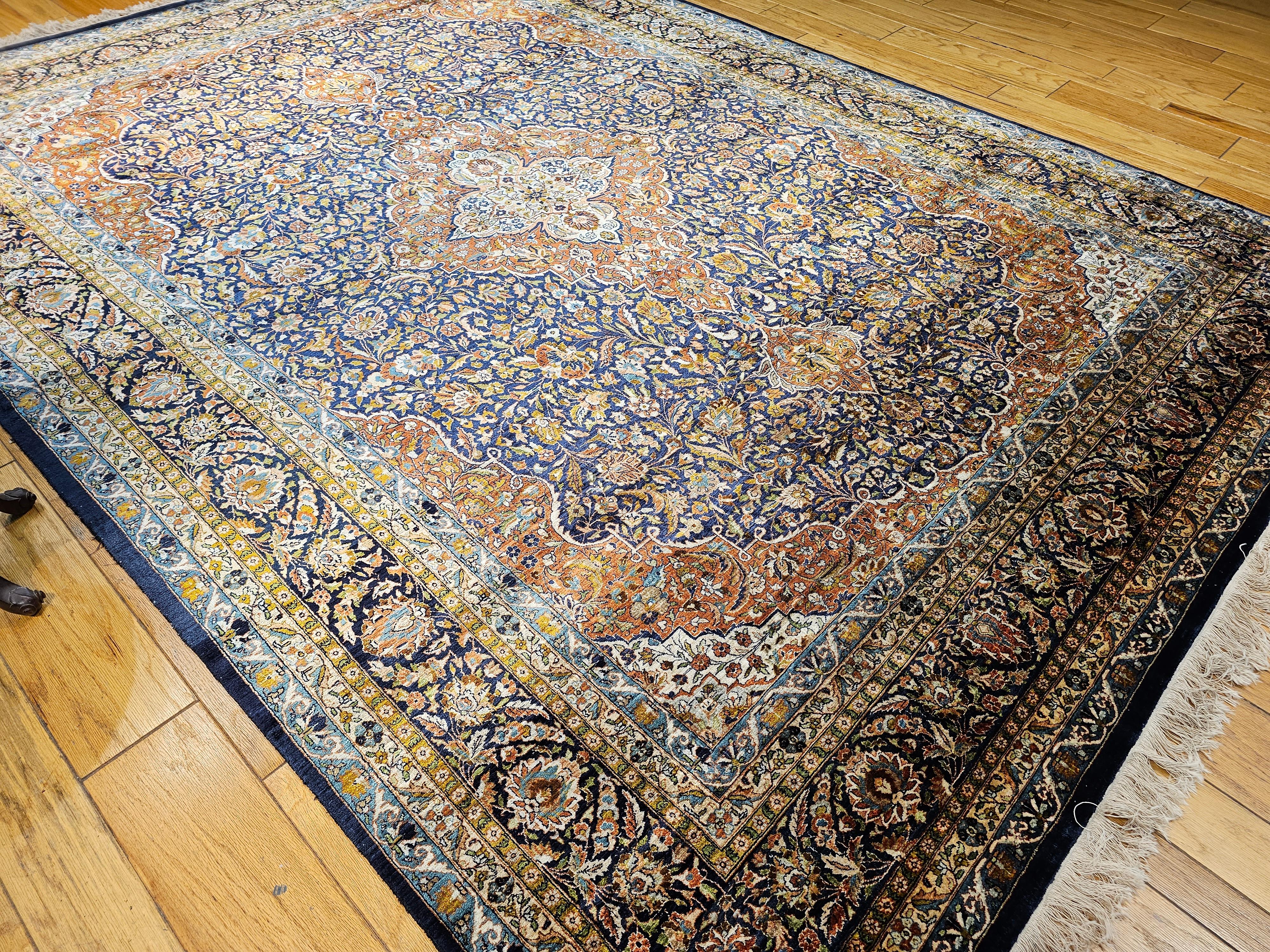 Vintage Persian Silk Tabriz Rug in Floral Design in Navy Blue, Rust, Yellow, Red For Sale 13
