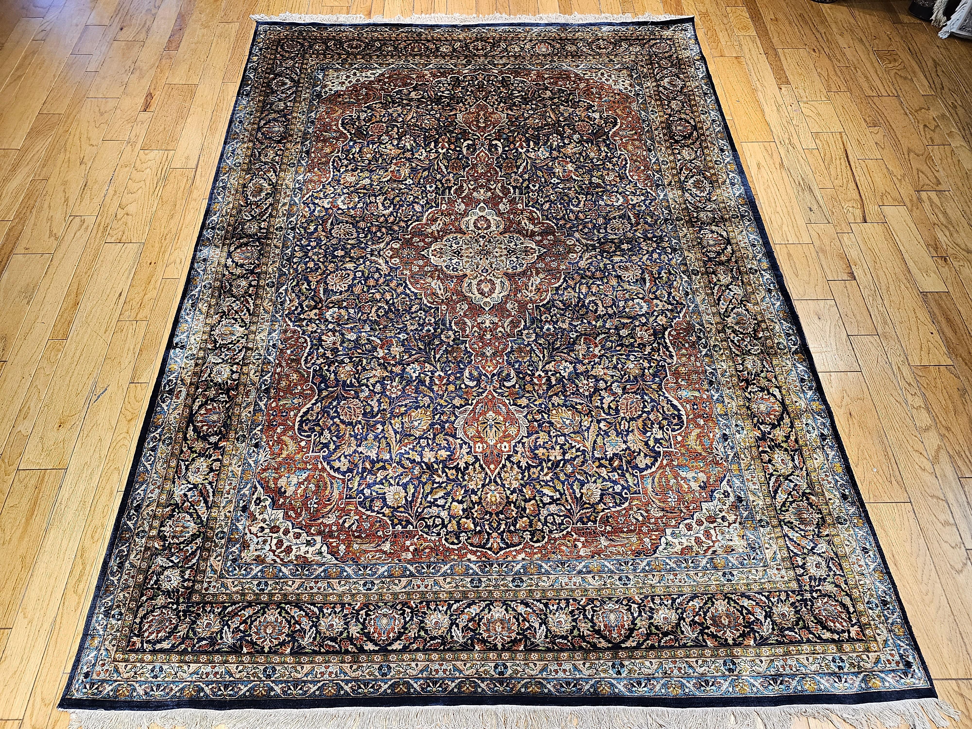 Vintage Persian Silk Tabriz Rug in Floral Design in Navy Blue, Rust, Yellow, Red For Sale 14