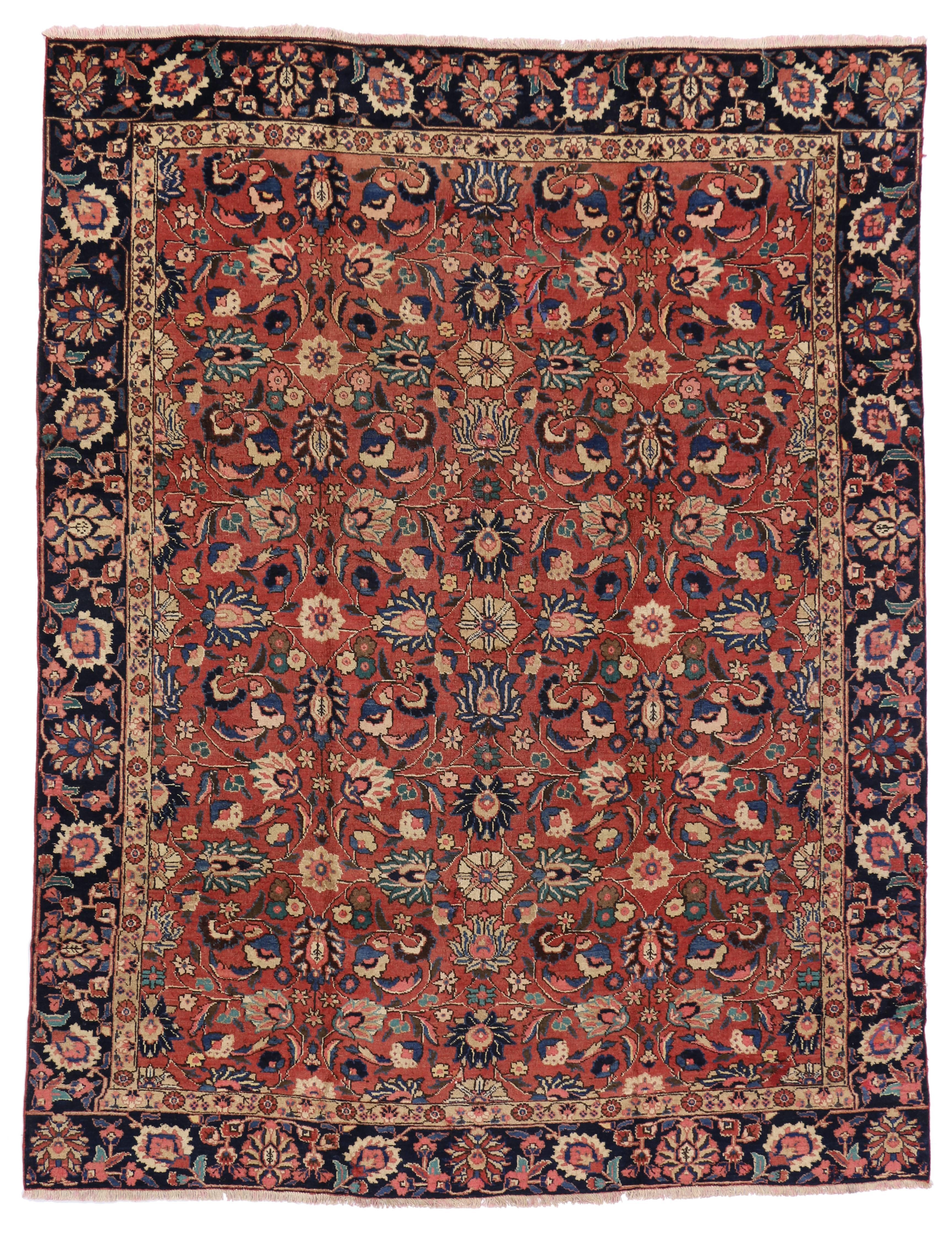 75875 vintage Persian Tabriz with traditional style. This hand-knotted wool vintage Persian Tabriz rug features an all-over pattern surrounded by a classic border creating a well-balanced and timeless design. This vintage Persian Tabriz rug brings a