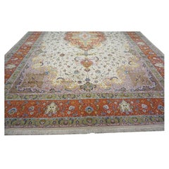 Vintage Persian Tabriz Wool 13x20 Ivory, Salmon, Pink & Green Handmade Area Rug