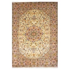Vintage Persian Tabriz Wool & Silk 6x10 Ivory & Pink Handmade Area Rug